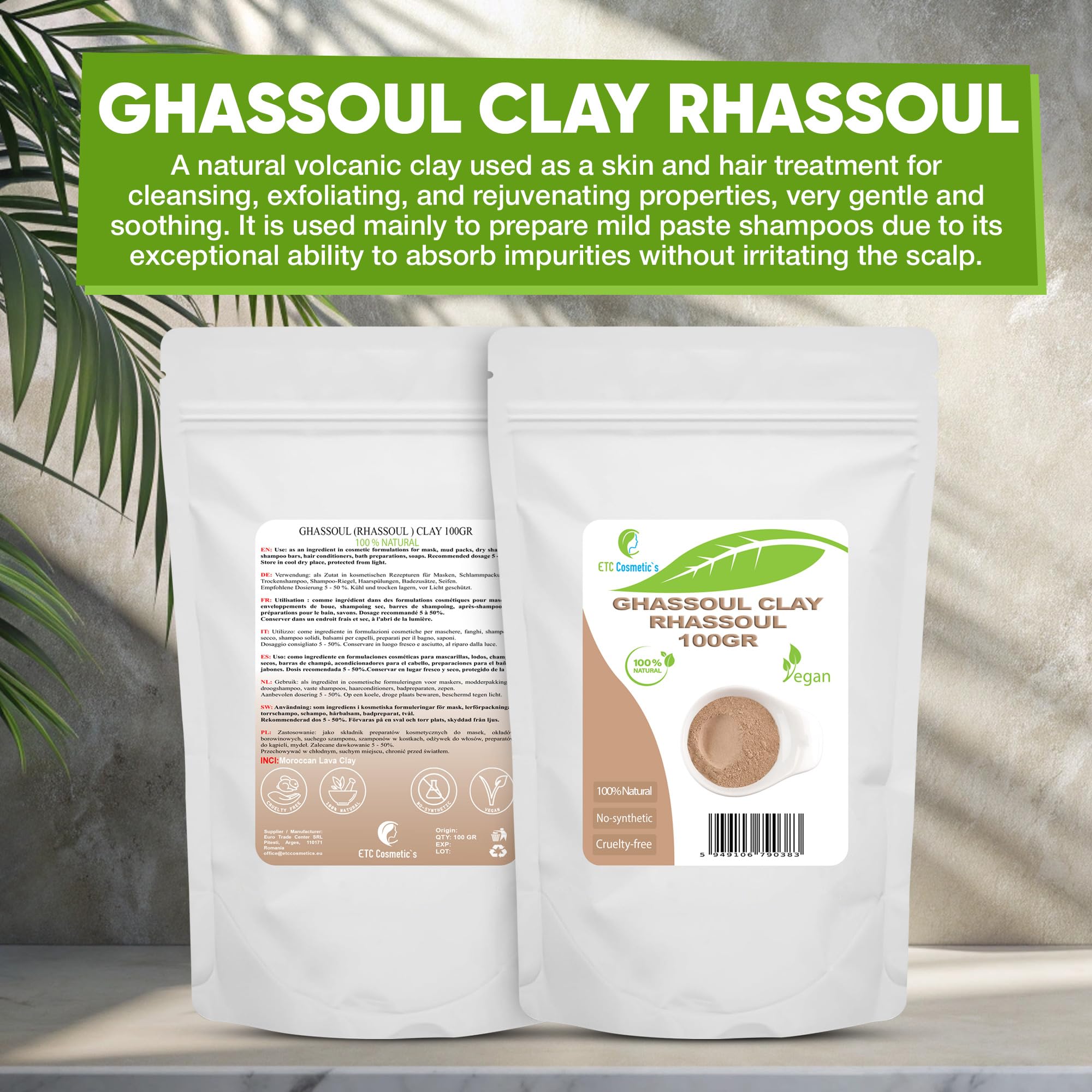 Ghassoul (argile Rhassoul) - 100 gr - Masques visage DIY, masque corporel, masque capillaire, peelings et gommages doux, fabrication de savons, anti-âge et raffermissement de la peau