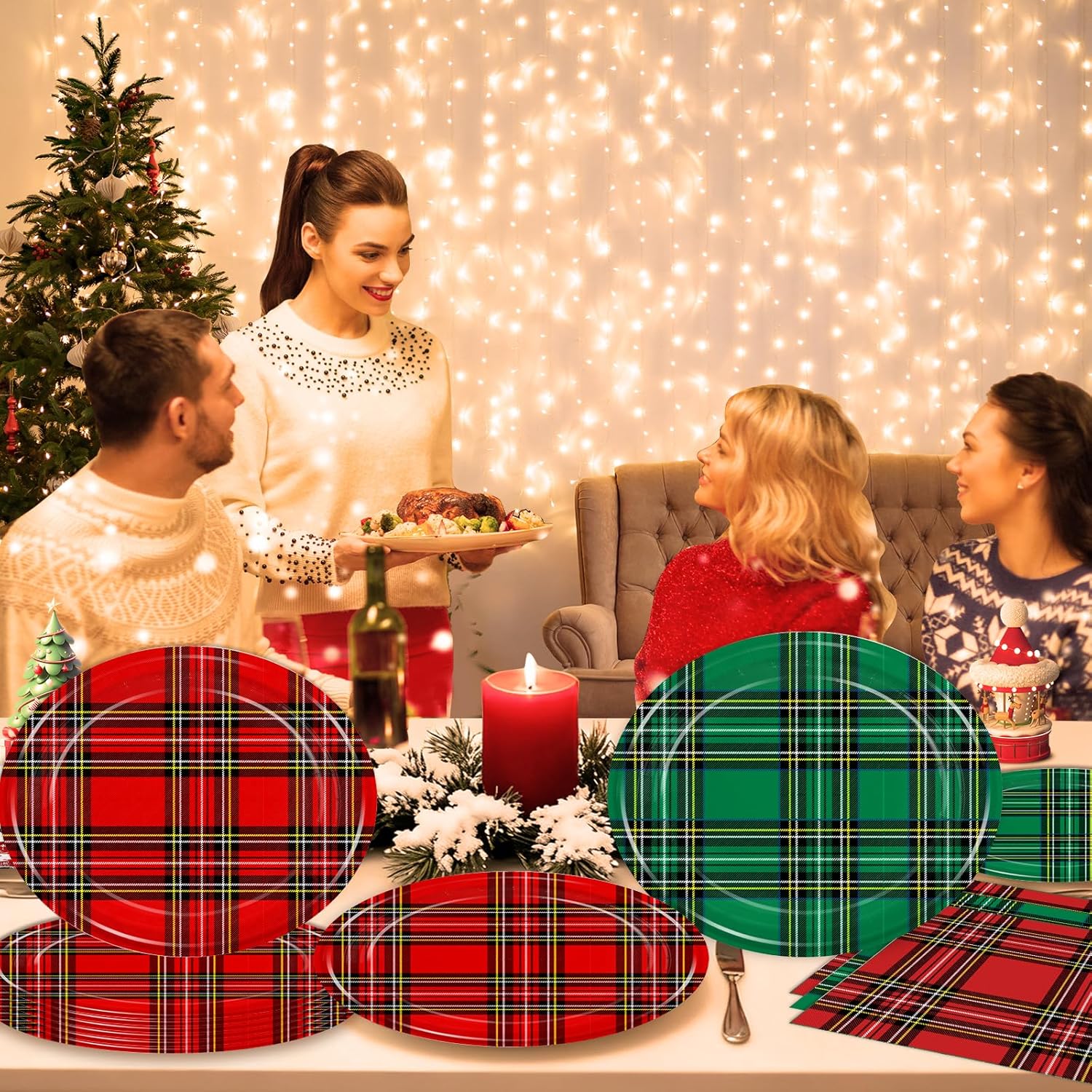 50PCS Classic Plaid Gingham Party Supplies Red and Green Paper Oval Plates and Napkins Winter Tea Party Decoration New Year Holiday Birthday Party Supplie Serve 50