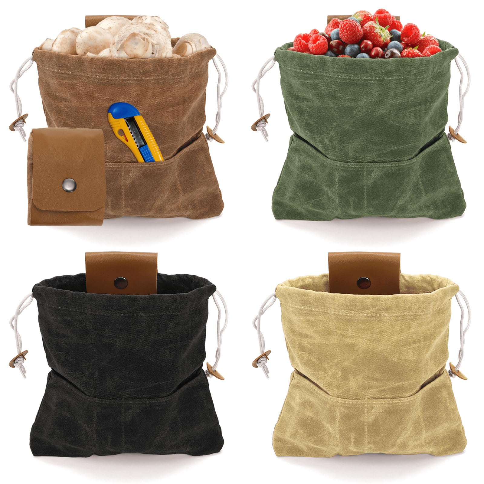 YOUEON 4 Pcs Waxed Canvas Foraging Bag Set, Collapsible Mushroom Hunting & Camping Pouches with 2 Small Pockets, Multi-Use Leather Belt Bag for Outdoor Hiking, Tool Storage, 4 Colors