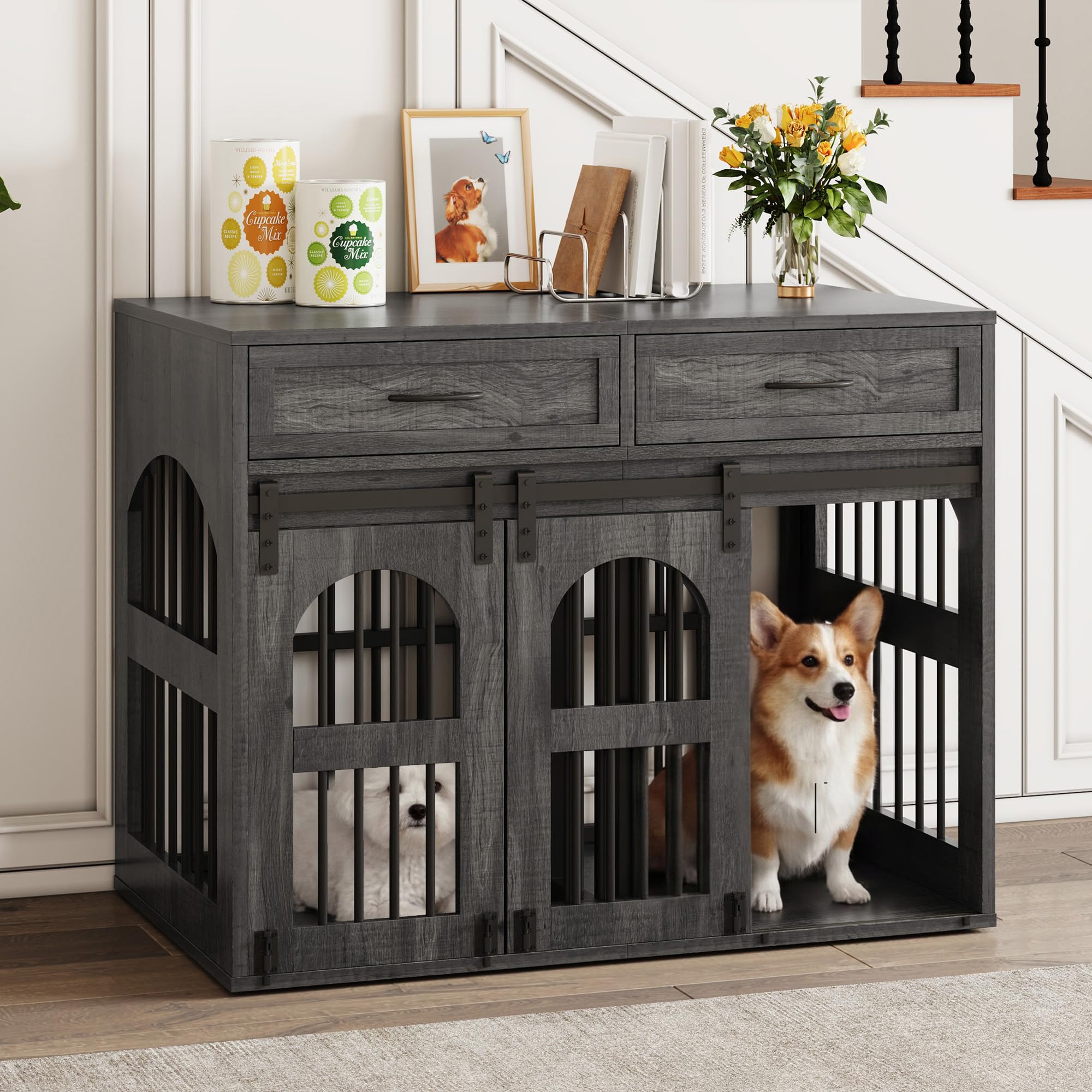 IRONCK Dog Crate Furniture, Heavy Duty Dogs Cage with 2 Drawers Removable Divider & Barn Door, Wooden Indoor Dog Kennel Side Table for 2 Small/Medium Dogs or 1 Large Dog, TV Stand, 106x68x88cm, Grey