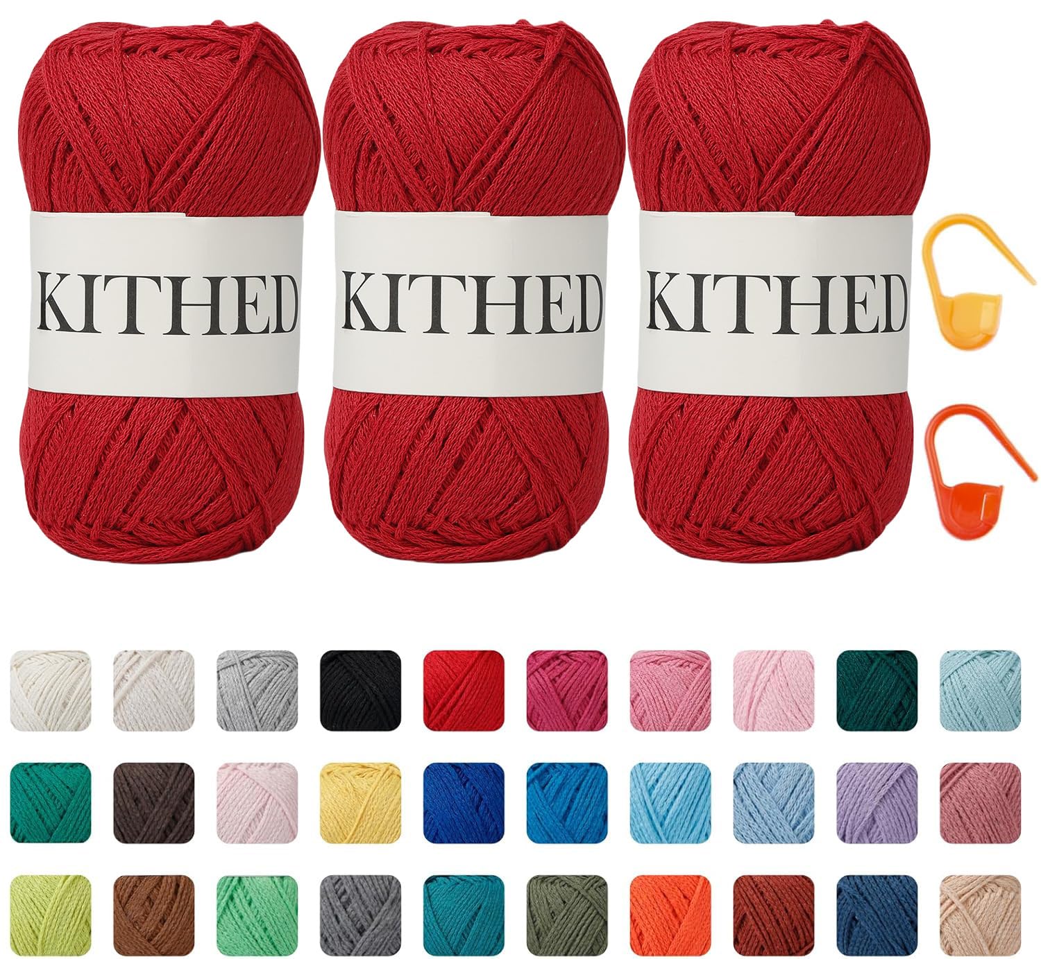 KITHED コットン糸、10.5オンス、526ヤード、3パック、かぎ針編みと編み物用の柔らかい糸(05レッド)