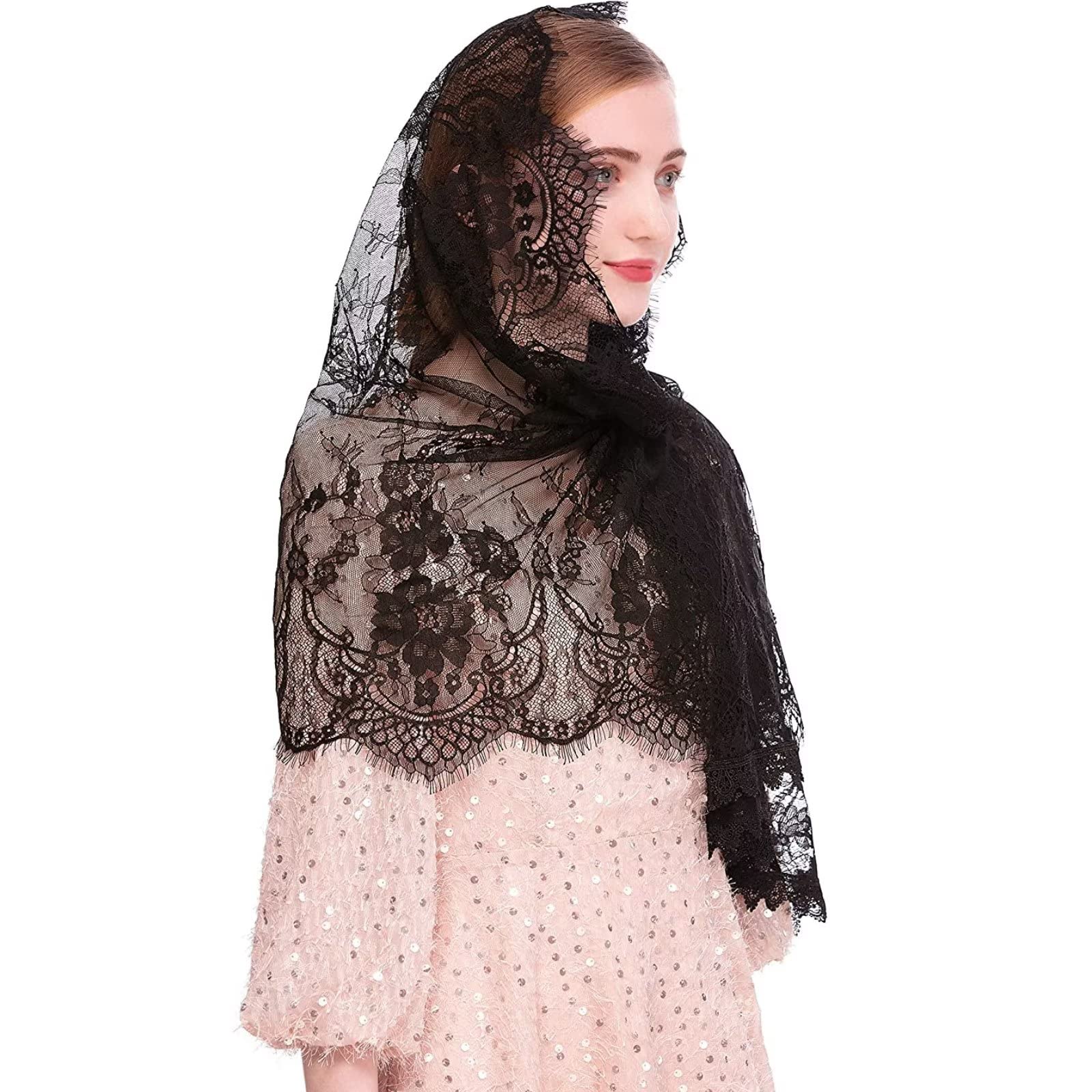 Pañuelo de Encaje Negro, Pañuelo para la Cabeza Velo de Capilla Rectangular Spanis Velos Florales Mantón para Cubrir la Cabeza En Masa