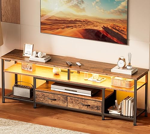 Miniatura 14 de Huuger Soporte de TV para TV de 55 y 60 pulgadas, centro de entretenimiento con tomas de corriente y luces LED, consola de TV de 54 pulgadas para