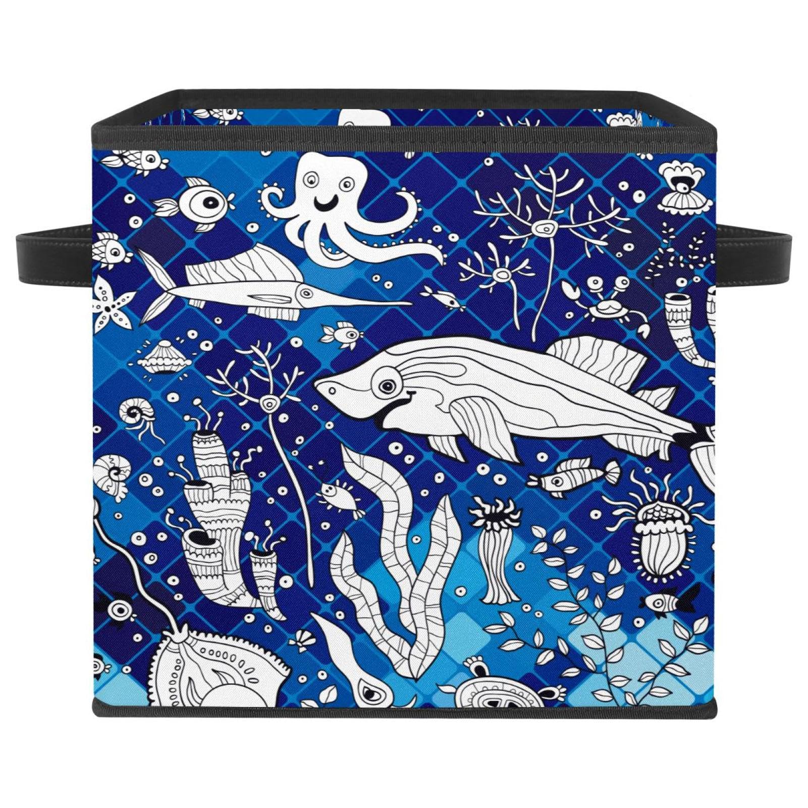 Boîte de rangement pliable cube bleu motif poissons en tissu pour placard