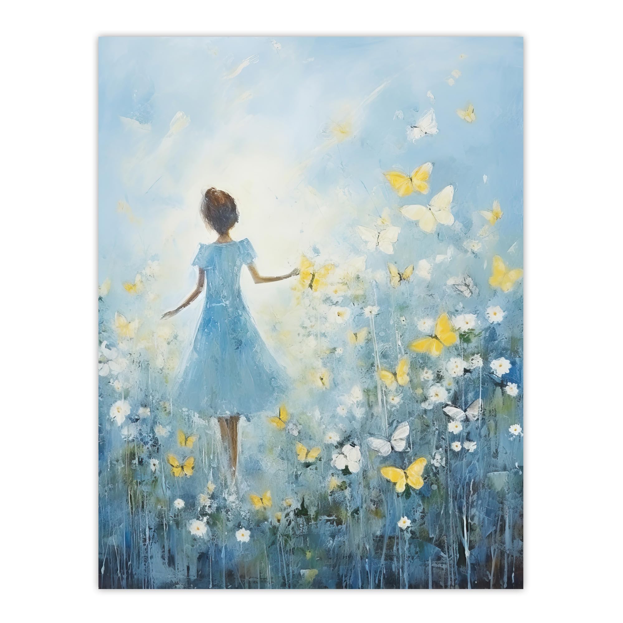 Artery8 Girl In Wildflower Meadow Oil Painting Soft Blue Yellow Butterflies Spring Landscape Large Wall Art Poster Print Thick Paper 18X24 Inch