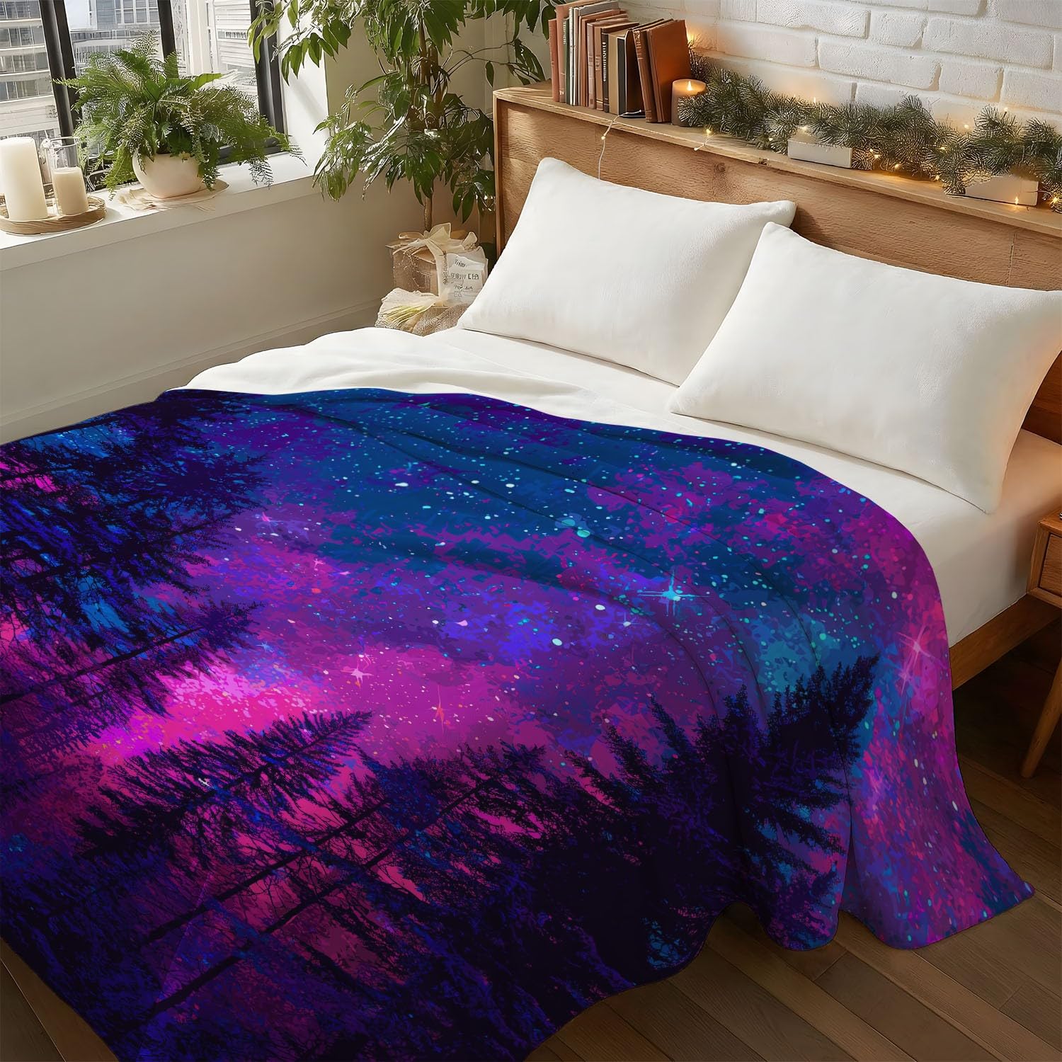Generisch Koc polarowy, liliowy, czarny, fantazyjny, tajemniczy las, gwiaździste niebo, 150 x 200 cm, koc na kanapę, puszysty koc z mikrofibry, narzuta na łóżko, sofę