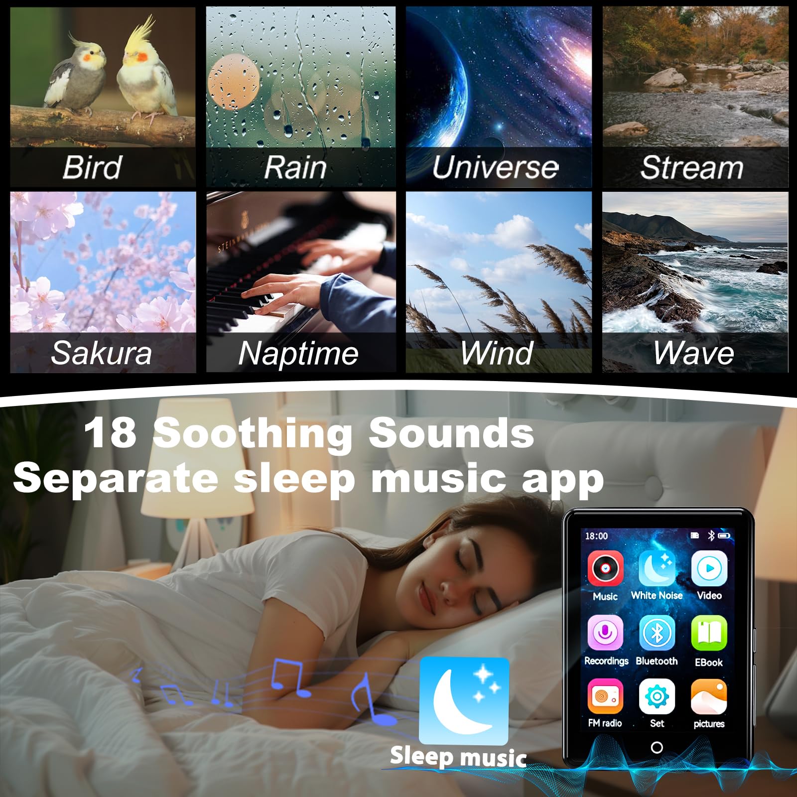 64GB MP3 Player Bluetooth 5.3, 2,8 Zoll Touchscreen, Zinkgehäuse, HiFi-Klang & Lautsprecher, 48h Akkulaufzeit, Weißes Rauschen (18 Klänge), inkl. Kopfhörer & Tasche,Schwarz