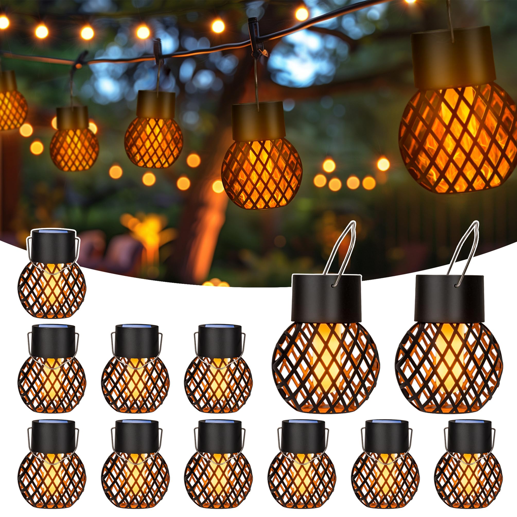 GIGALUMI Confezione da 12 luci solari a sospensione, a energia solare, impermeabili, per giardino, cortile, recinzione, albero
