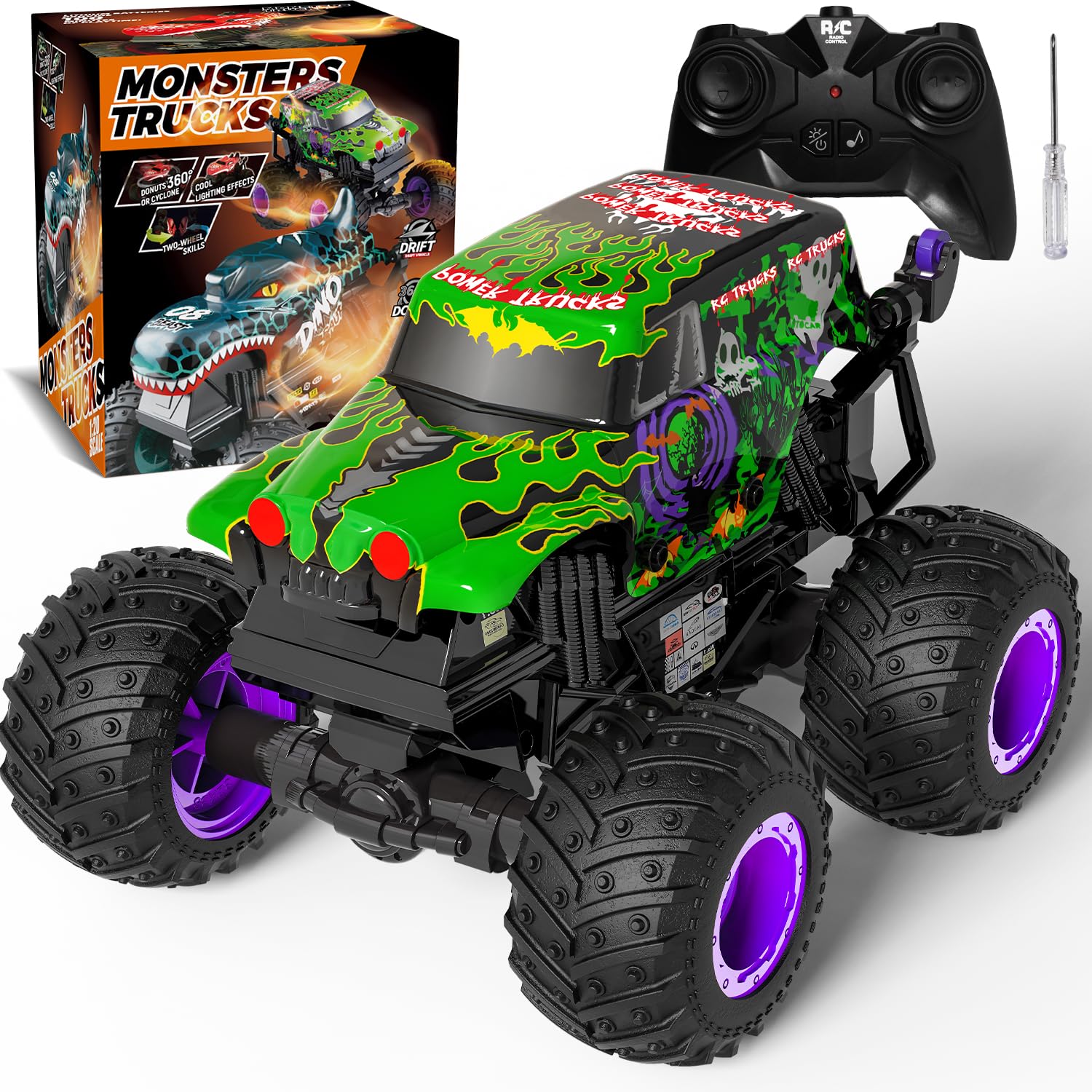 Monstertruck Ferngesteuert, 20KM/H Monster Truck mit Licht und Musik, 2.4GHz Ferngesteuertes Auto mit 360°Drehung, 1/20 Ferngesteuerter Monstertruck mit 100MIN, 3 4 5 6 7 8 Jahre Junge