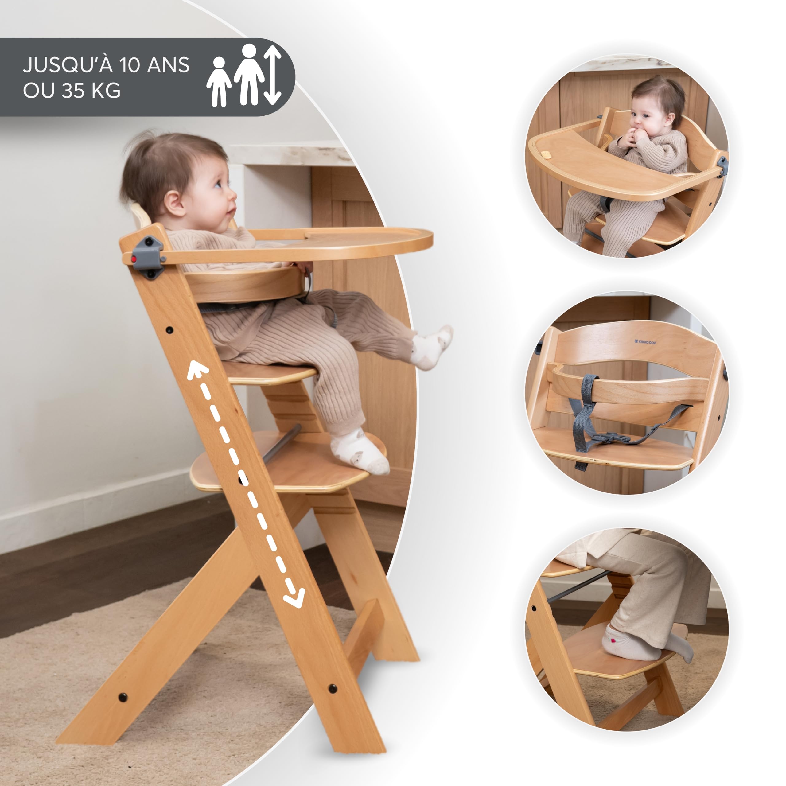 KikkaBoo Chaise Haute Bébé Évolutive en Bois NORDY, Bois de Hêtre, Réglable jusqu’à 35 kg, Plateau Amovible, Siège et Repose-Pieds Réglables, Harnais 3 Points, Bois