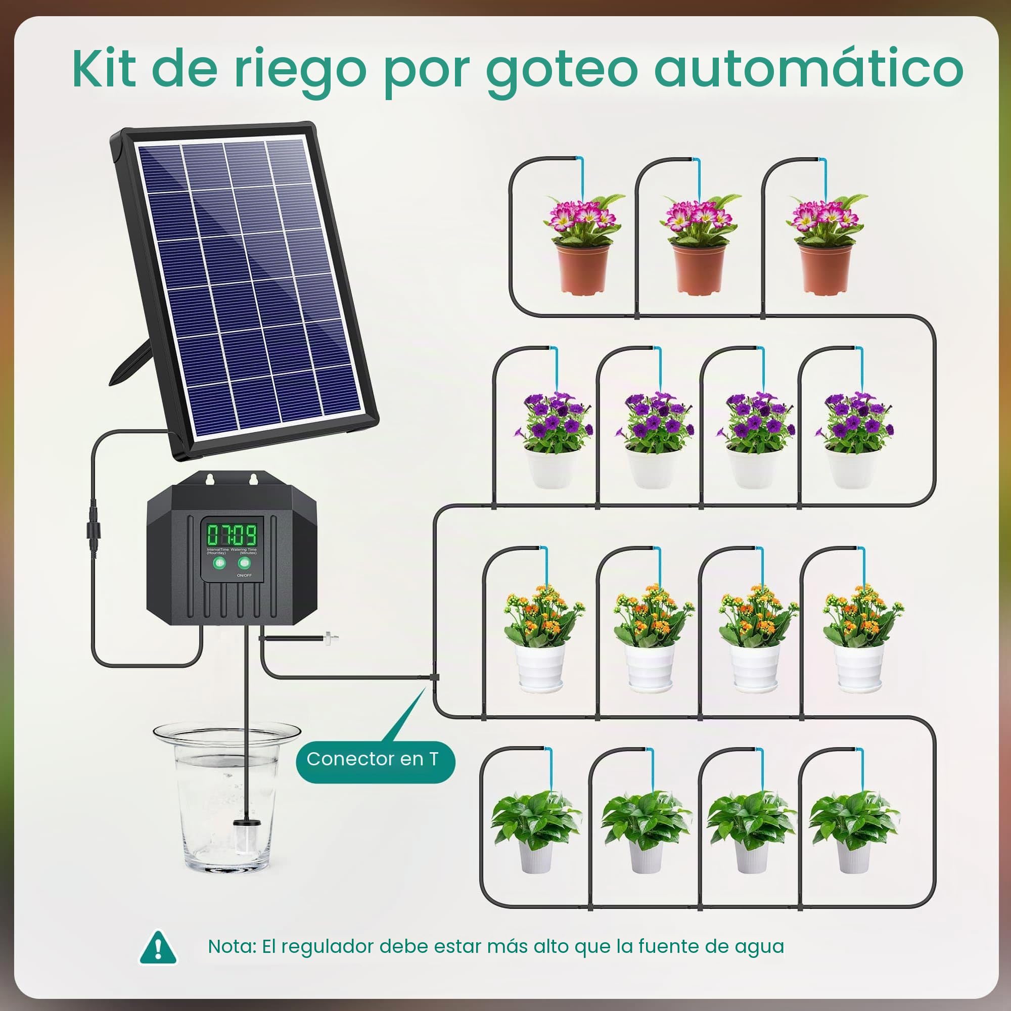 Biling Riego automático solar para plantas de vacaciones, sistema de 3,5 W 15 m con temporizador para jardín, balcón, invernadero, flores, ahorro de agua y bono