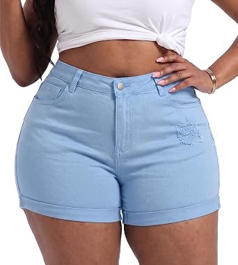 Gocolloa Womens Plus Size Jean Shorts Stretchy Solid Color High Waisted Summer Casual 5.5 Denim Shorts