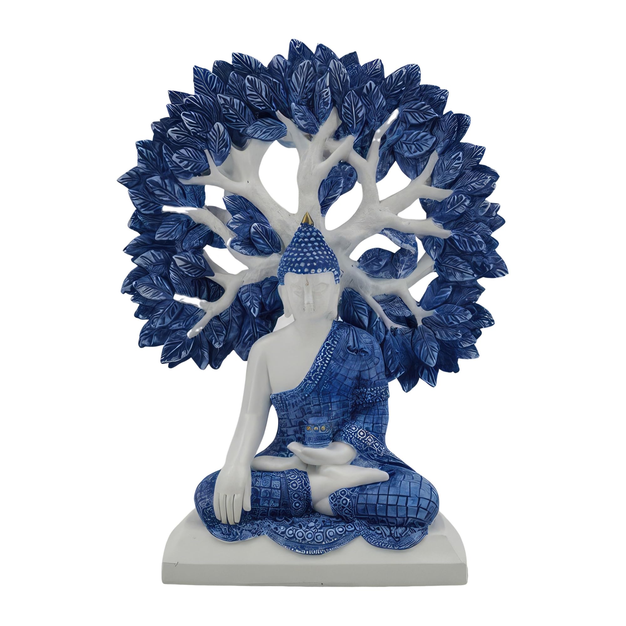 ICE ARMOR Statua di Buddha blu e bianco con albero della vita, altezza 24,8 cm, decorazione per ufficio, scrivania, soggiorno/tavolo, regalo perfetto per la casa nuova, multicolore