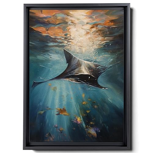 Nautical Print on Canvas for Wall Decor, Ocean Fish Manta Ray Canvas Wall Art, Beach Print for Wall Hang, Turquoise Coastal Pictures Wall Decor,