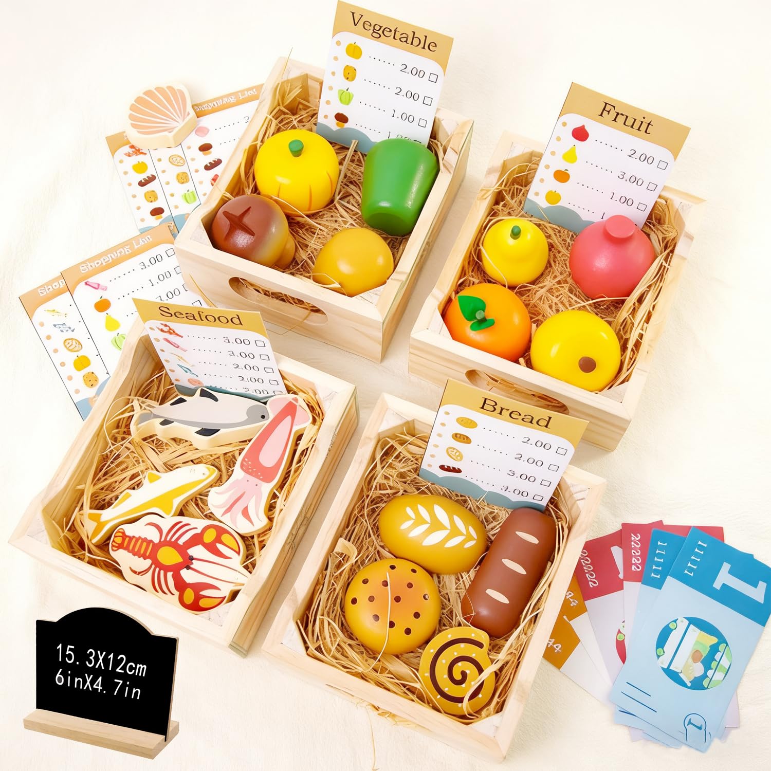 Benhurb Wooden Play Food, Role Play Toys Shopping Playset, Wooden Toys, Toy Food Accessories with 4 Crates for Kids Age 3+, Pretend Play Kitchen Toys, Christmas Birthday Gift for Boys or Girls