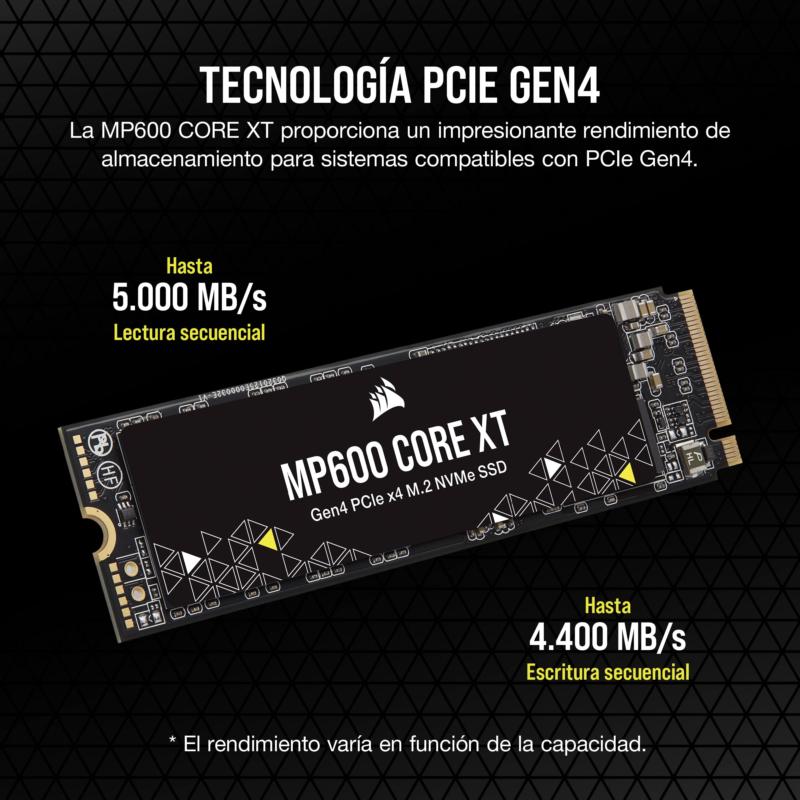 Corsair MP600 Core XT 4TB PCIe Gen4 x4 NVMe M.2 SSD – NAND QLC de Alta Densidad – M.2 2280 – Compatible con DirectStorage - Up to 5,000MB/sec – Portátiles y Ordenadores de Sobremesa PCIe 4.0 – Negro