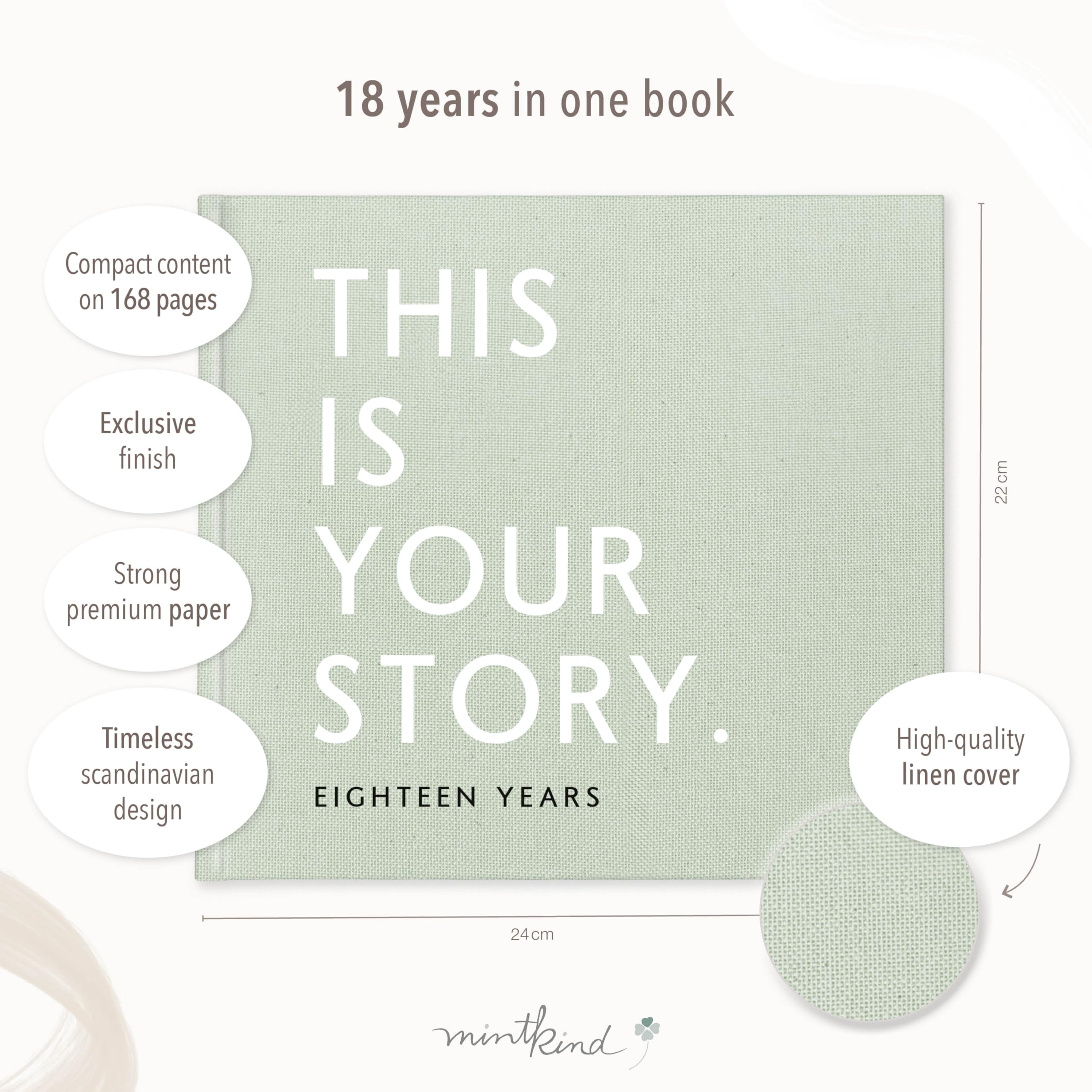 mintkind Baby Memory Journal – 18-Year Milestone Keepsake Book in Sage Green Linen, Baby Gift Photo Album with Thick Paper and Easy Yearly Entrie