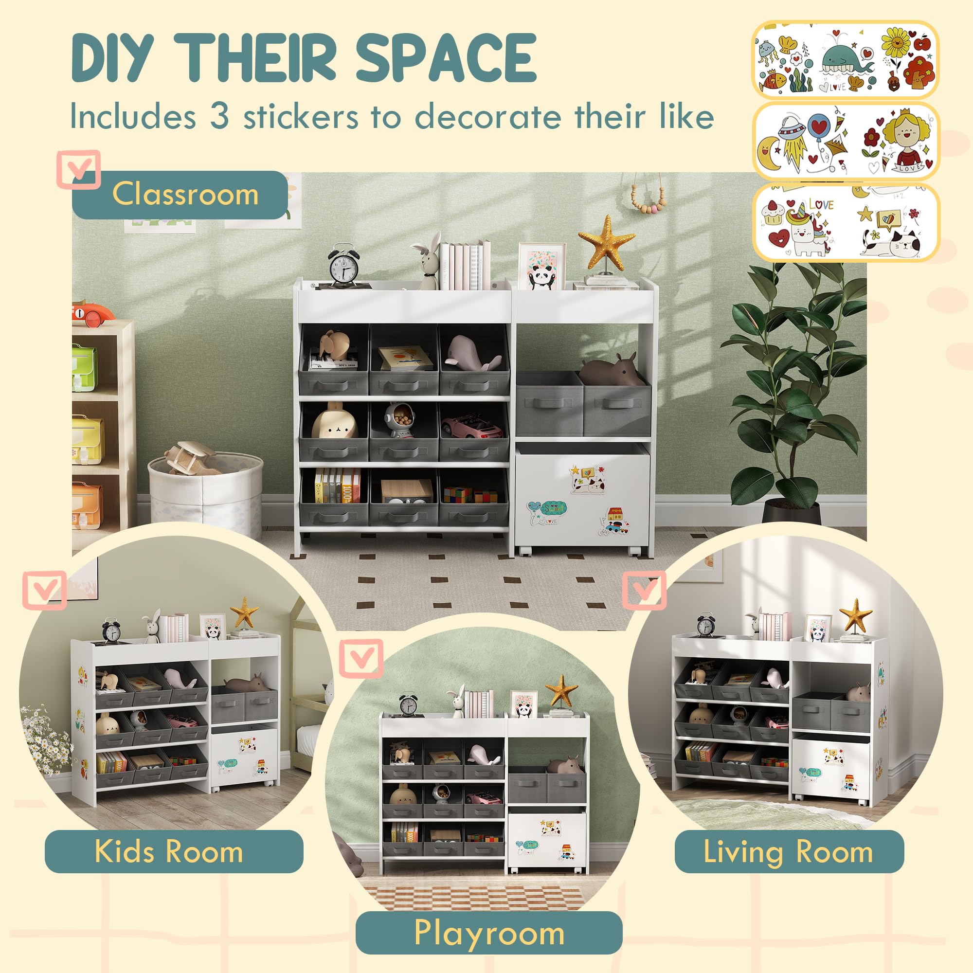 AIYAPLAY Cassetta portagiochi con 11 cestini in tessuto bianco | Unità stoccaggio bambini, libreria, armadio, ripiani, 3 adesivi, cameretta, sala giochi, asilo