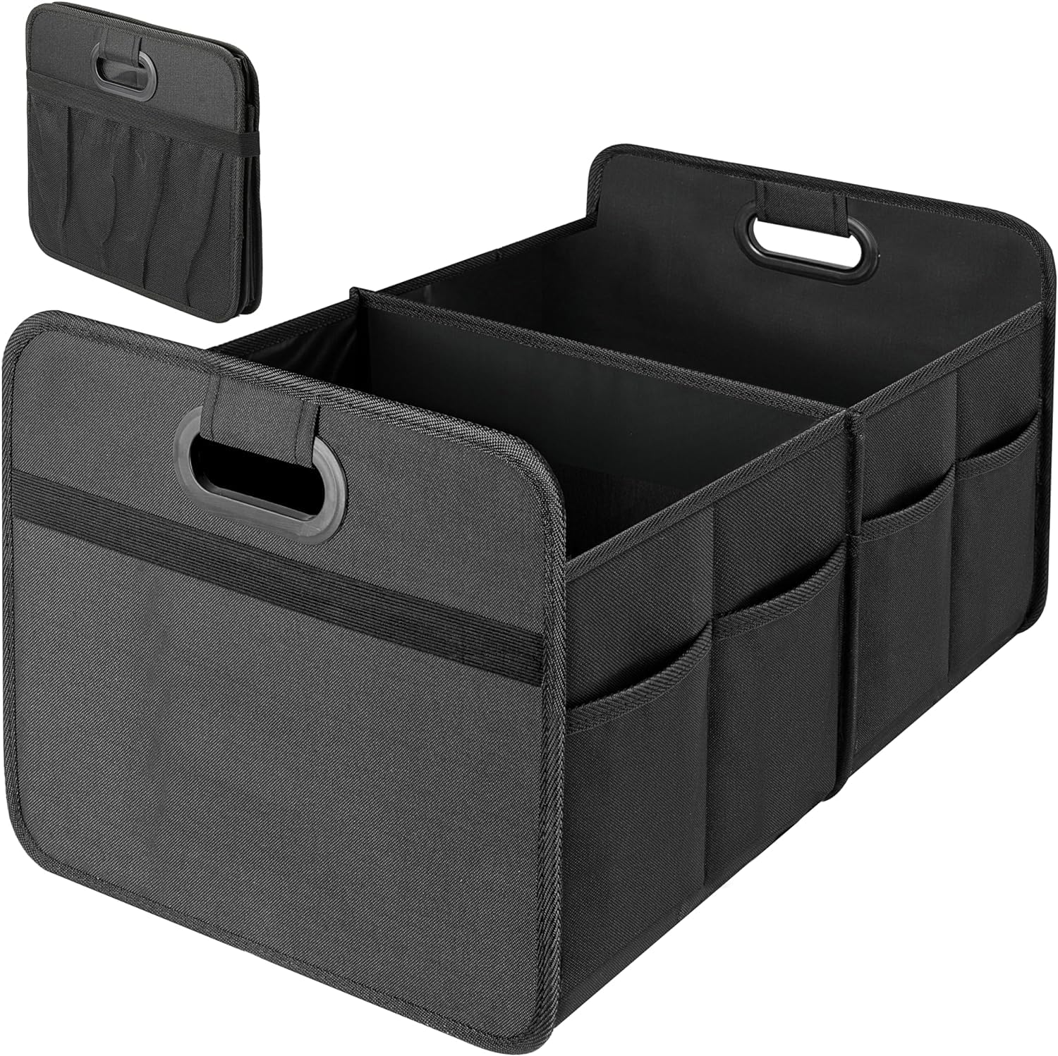 Car Trunk Organizer, 2 Compartments Collapsible Trunk Storage, Anti-slip Design, Made of Waterproof 600D Oxford Polyester, Suitable for SUV, Minivan, Truck, Standard Size, Black
