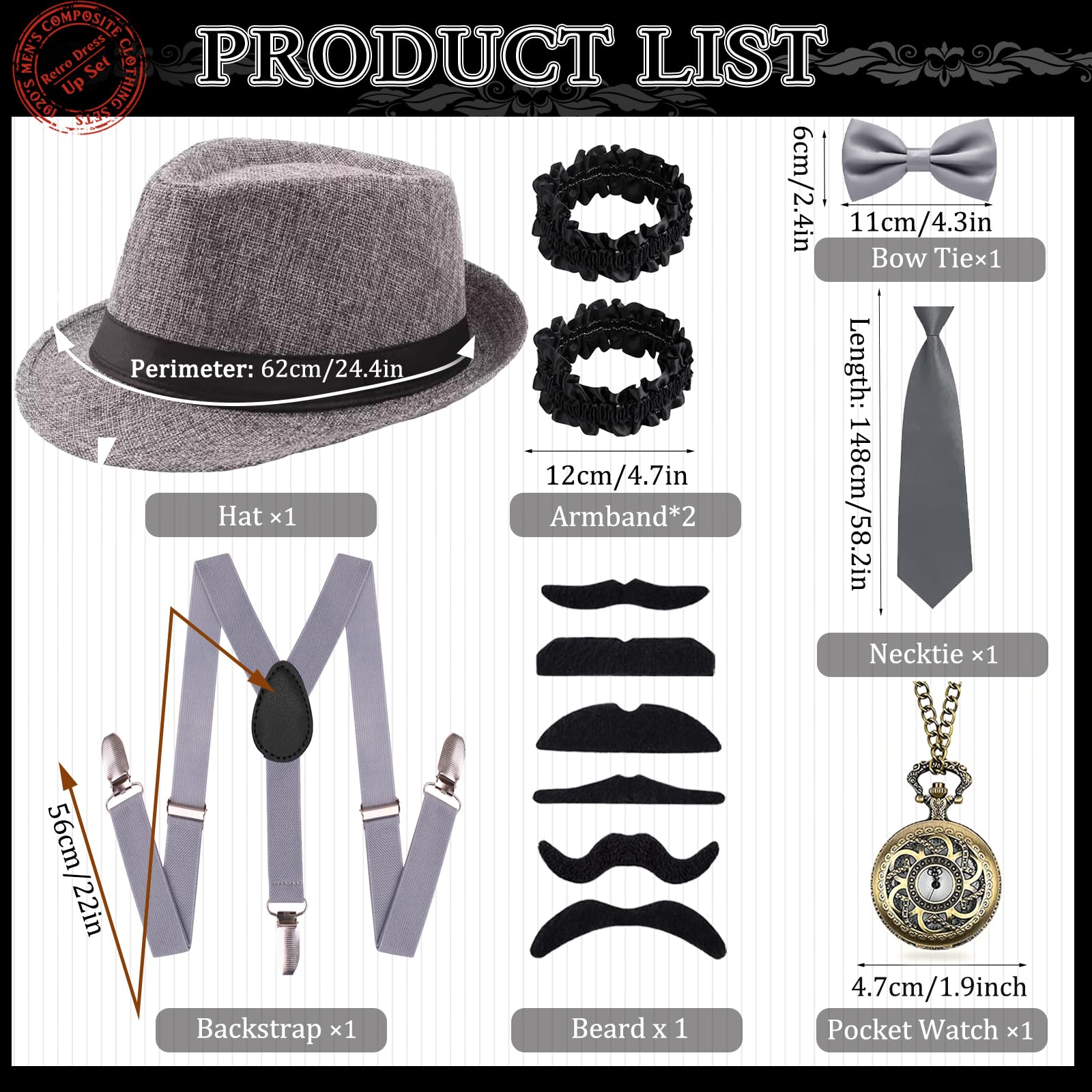 13Pcs 1920s Gatsby Costume Set for Men, Gentleman Roaring 20s Accessories Kit with Hat Suspenders Pocket Watch Bow Tie Beards Cuffs Tie for Adult Halloween Theme Parties Fancy Dress (Gray) - Image 2