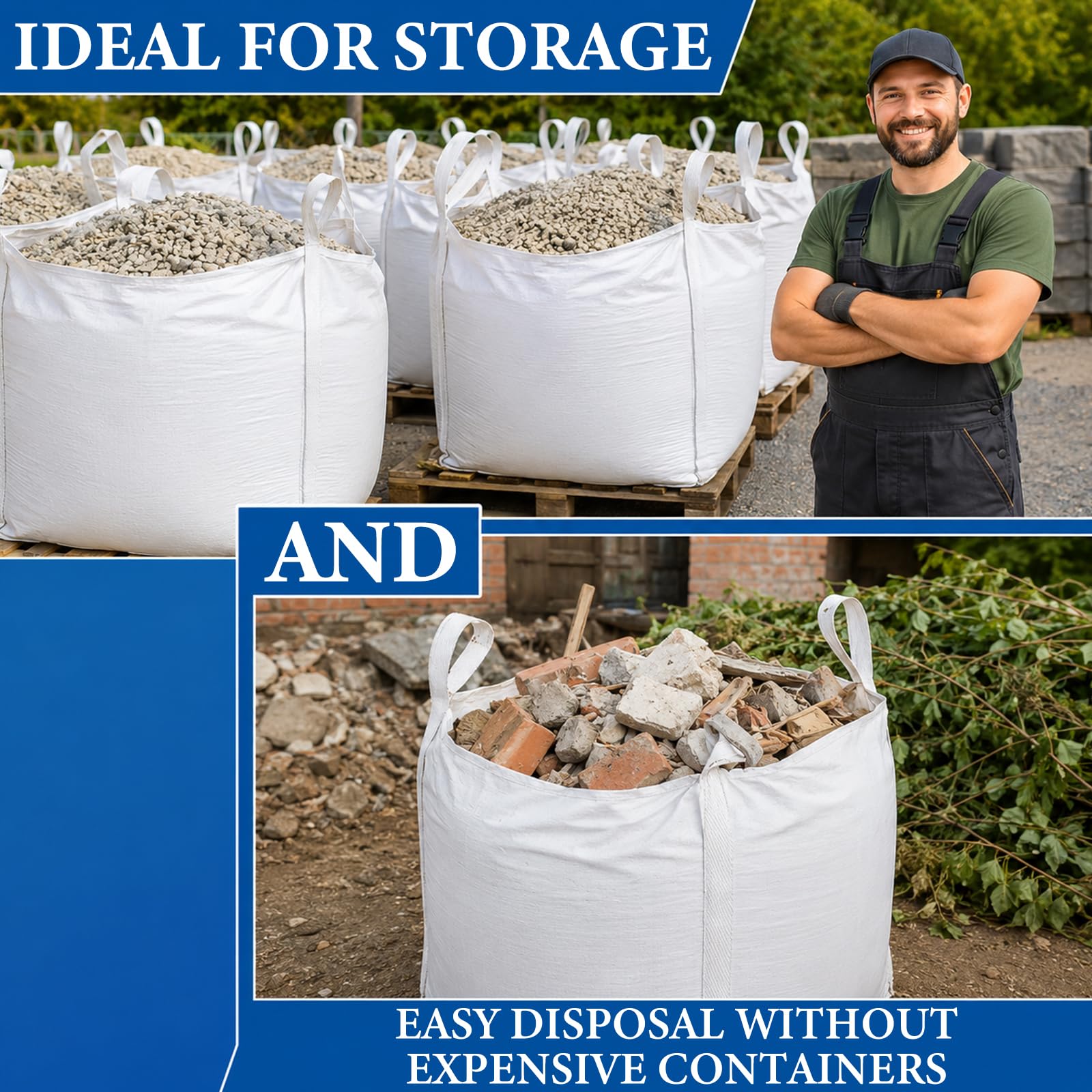 DAJAVE Big Bag - Sacchi per rifiuti da costruzione, 90 x 90 x 110 cm, 1.500 kg (90 x 90 x 90 cm) | Big Bag - Sacco per legno, rifiuti da giardino, sabbia, 1.500 kg, con 4 passanti per il trasporto