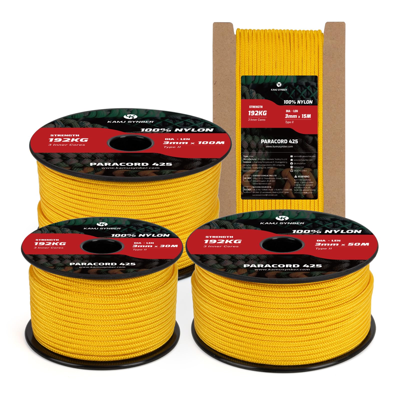 Kamu Synber 425 Paracord 3mm x 100m 100% Nylon Rope 3 Strands Parachute Cord Type II for Outdoor, Crafting, DIY | Support 192kg | Golden Yellow