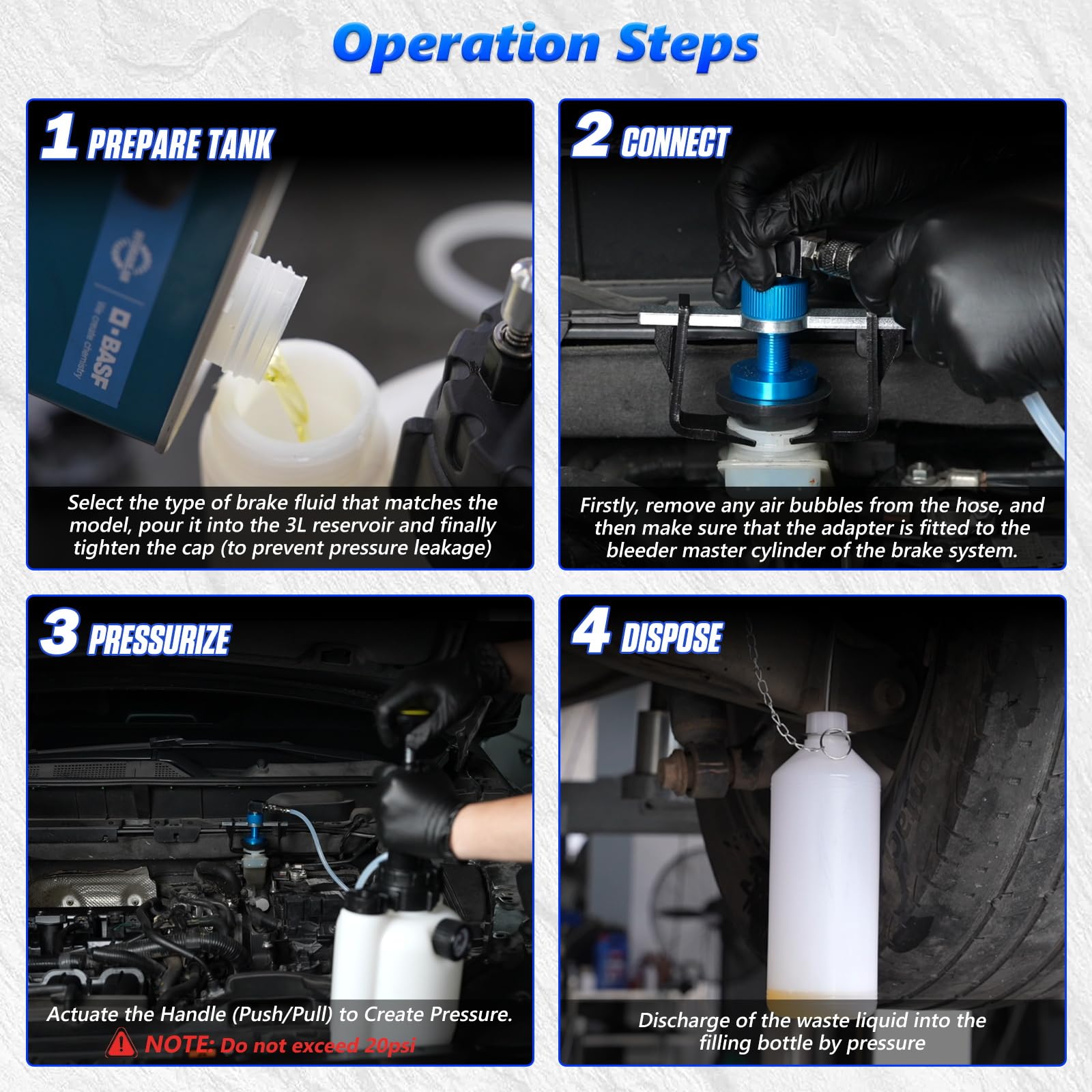 BELEY 3L+1L Kit de Purga de Frenos Manual con 5 adaptadores | Para Cambiar el Líquido de Frenos, Manómetro integrado, Apto para Modelos de Toyota, Renault, Volkswagen, Peugeot, etc