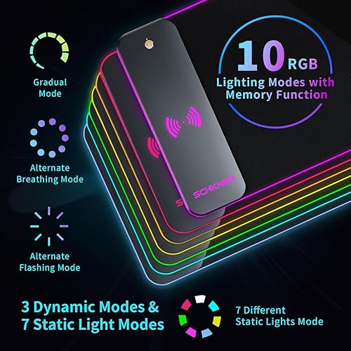 Miniatura 3 de Schkner Alfombrilla de mouse RGB para juegos con carga inalámbrica, alfombrilla de mouse grande con luz LED, almohadilla de teclado con base de goma