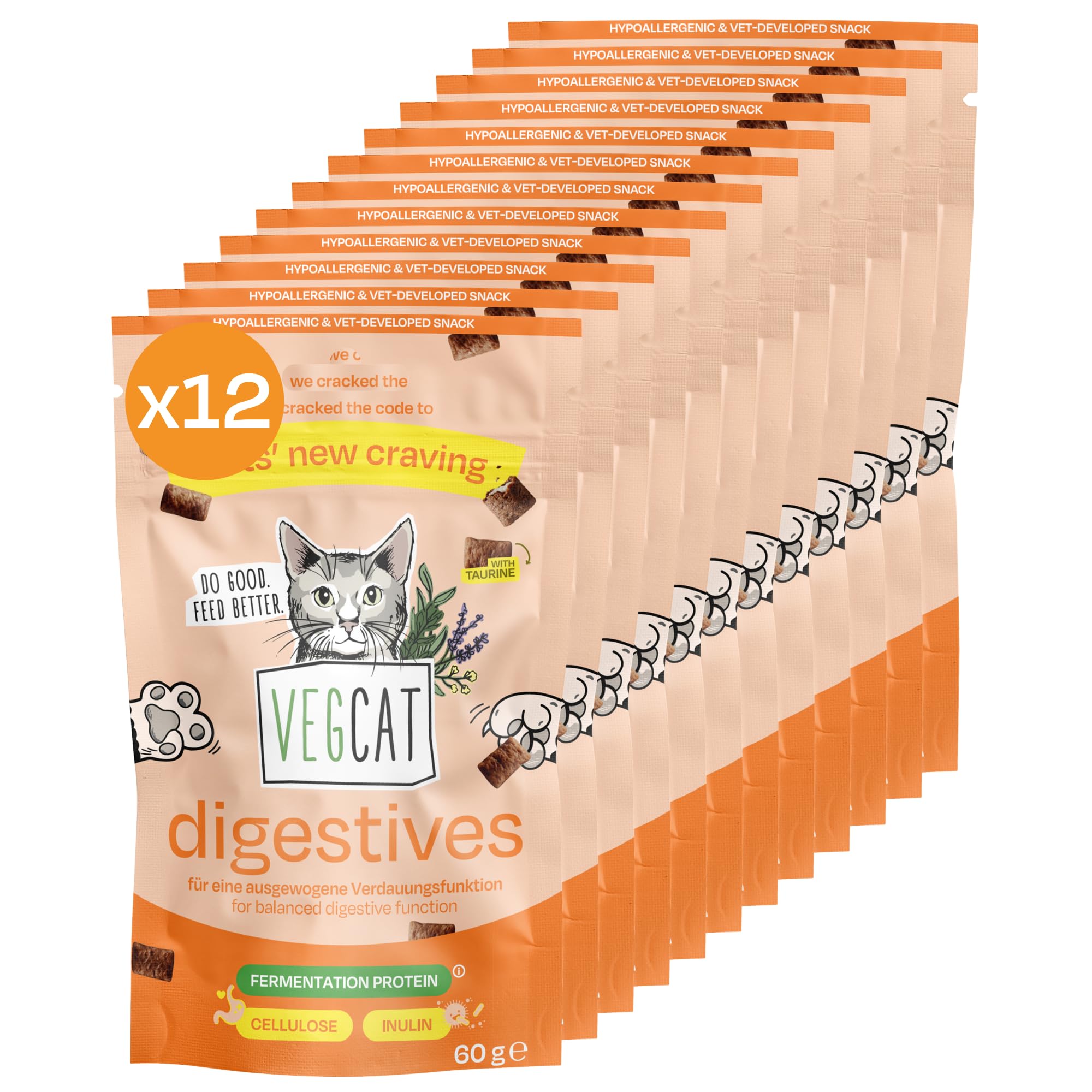 VEGCAT Digestives hipoalergiczna przekąska dla kotów (12 x 60 g) | bez mięsa poduszka chrupiąca do wspomagania żołądka, jelit i układu odpornościowego | z 20% innowacyjnym białkiem fermentacyjnym
