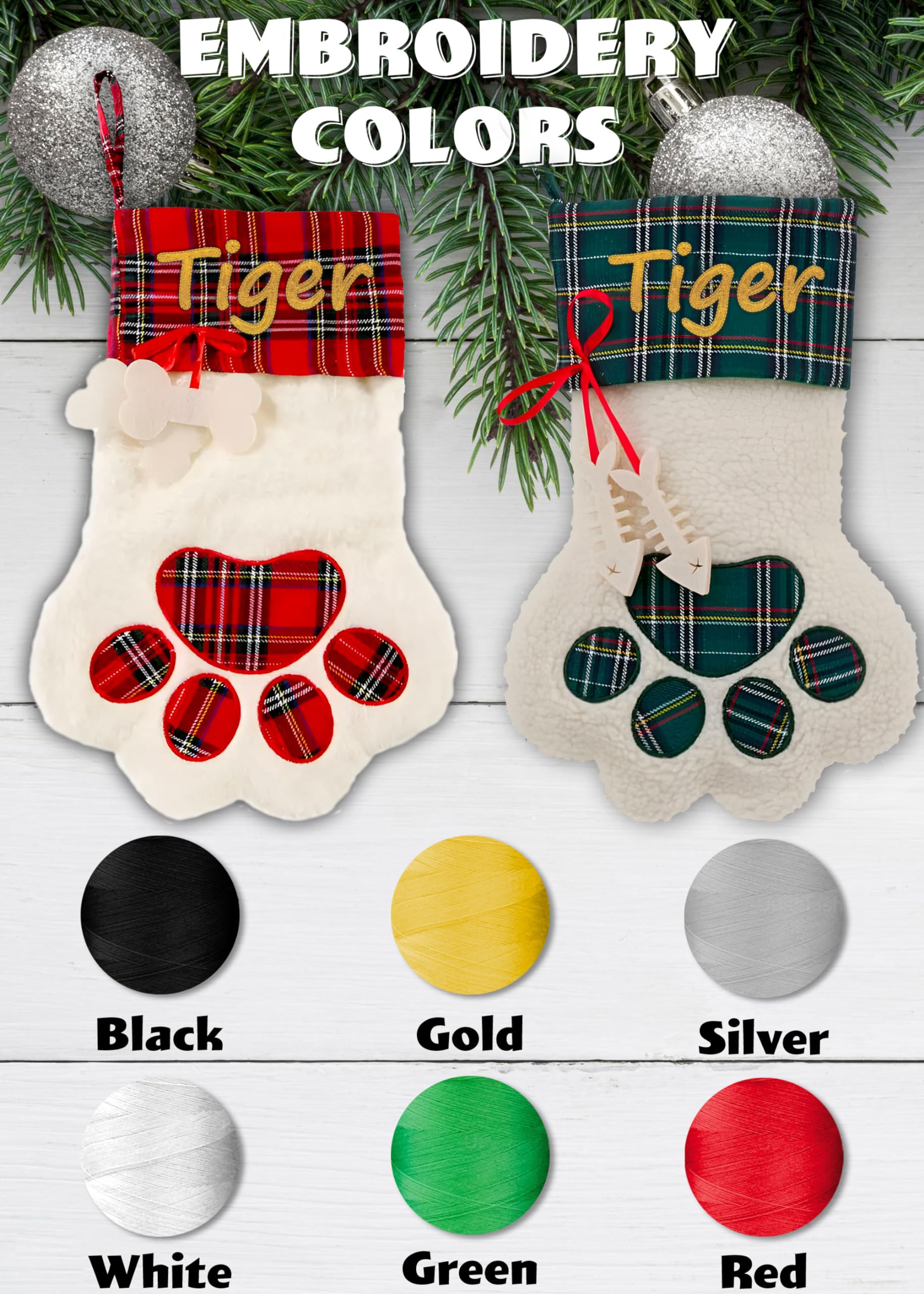 Personalized Dog Cat Paw Christmas Embroidered Stocking with Custom Pet Name - White Faux Sherpa with Red Green Plaid Cuff and Dog Fish Bone Accents Xmas 2024-1 Pack