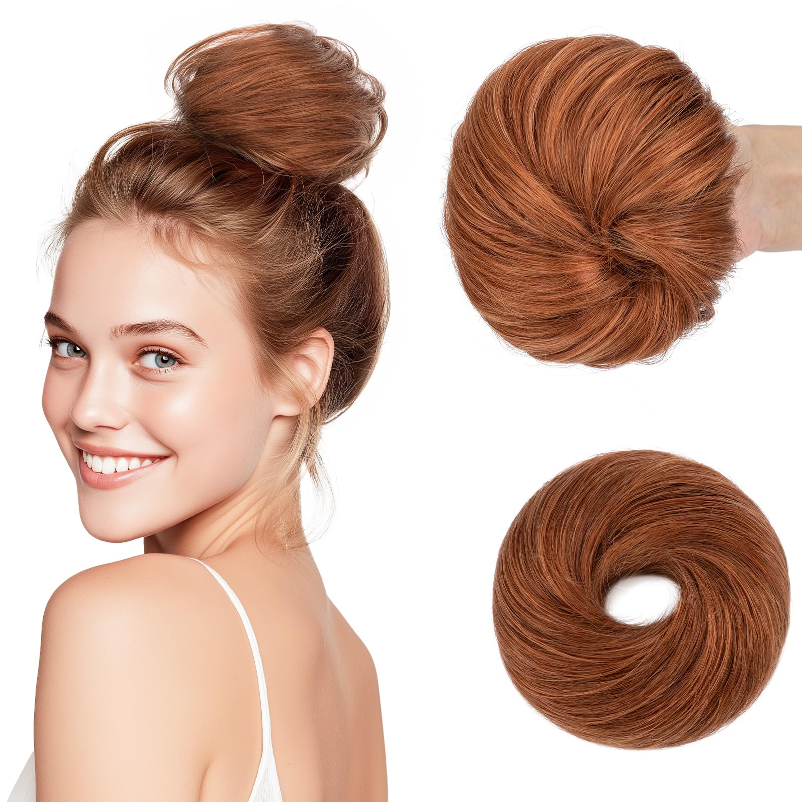 SEGOHAIR 30g Haarteile Echthaar Mit Gummiband Unordentlicher Dutt für Frauen|Glatt Elastischer Haardutt Scrunchies| Volles Unordentliches Dutt-Chignon | Kupfer