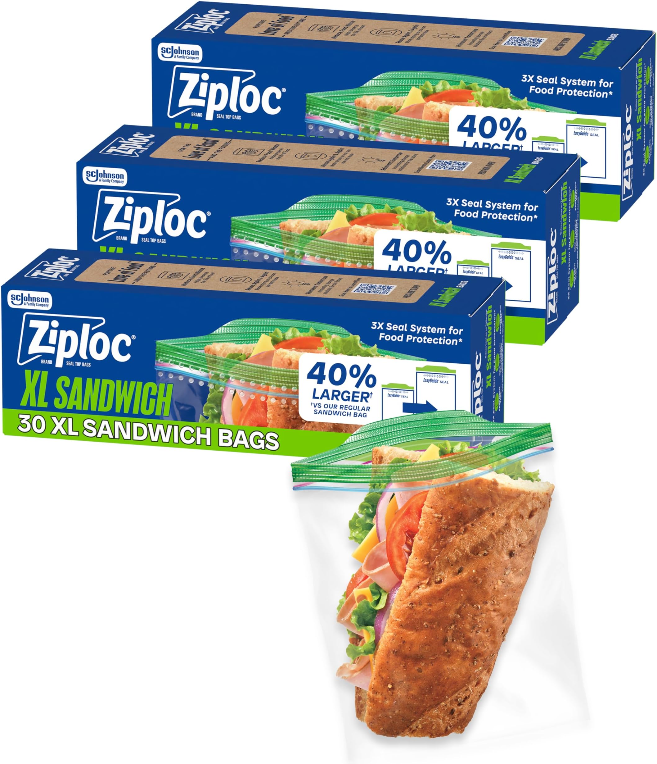 Ziploc XL Sandwich and Snack Bags with EasyGuide Texture, Plastic Storage Bags with Grip 'n Seal Technology, 90 Bags Total