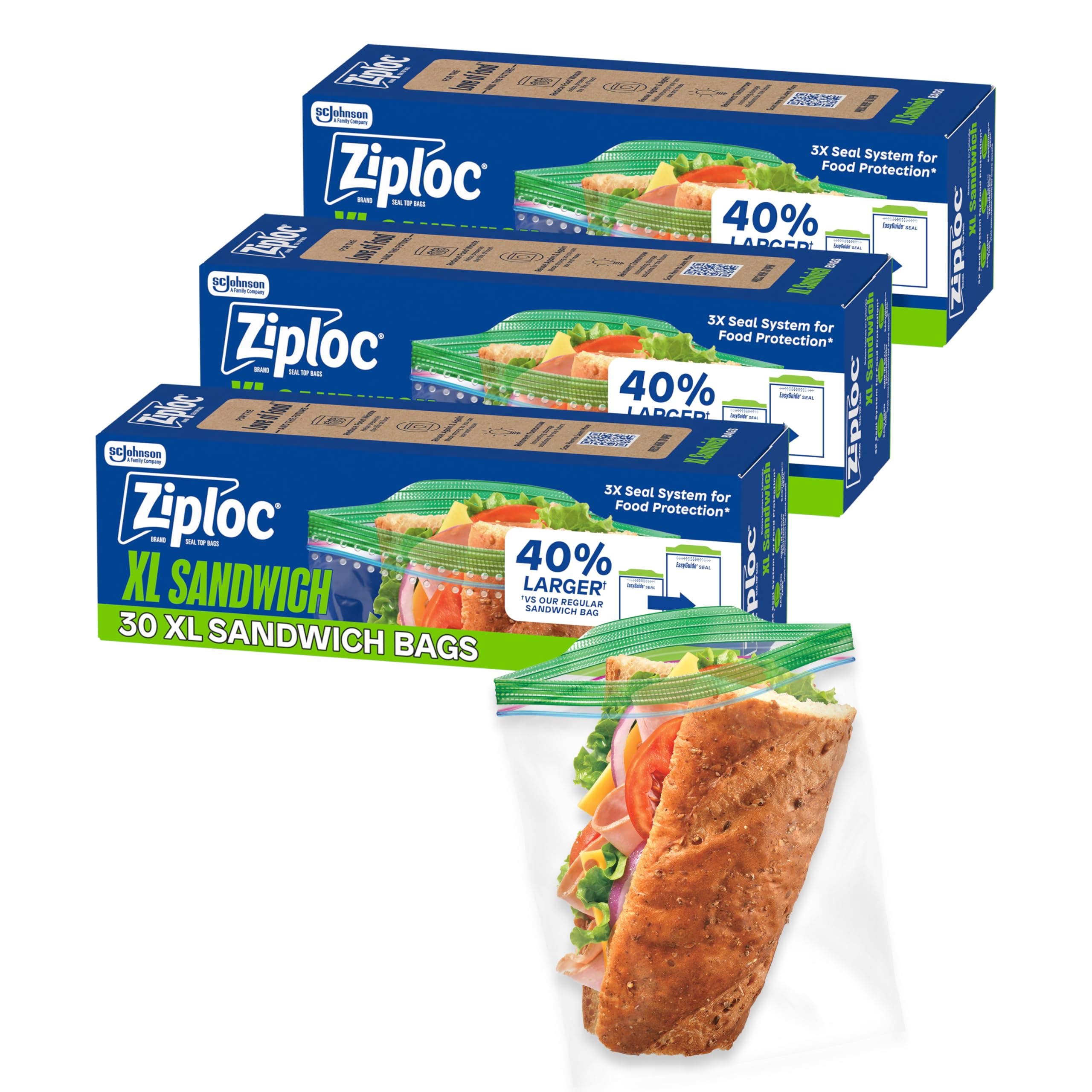 Ziploc XL Sandwich and Snack Bags with EasyGuide Texture, Plastic Storage Bags with Grip 'n Seal Technology, 90 Bags Total
