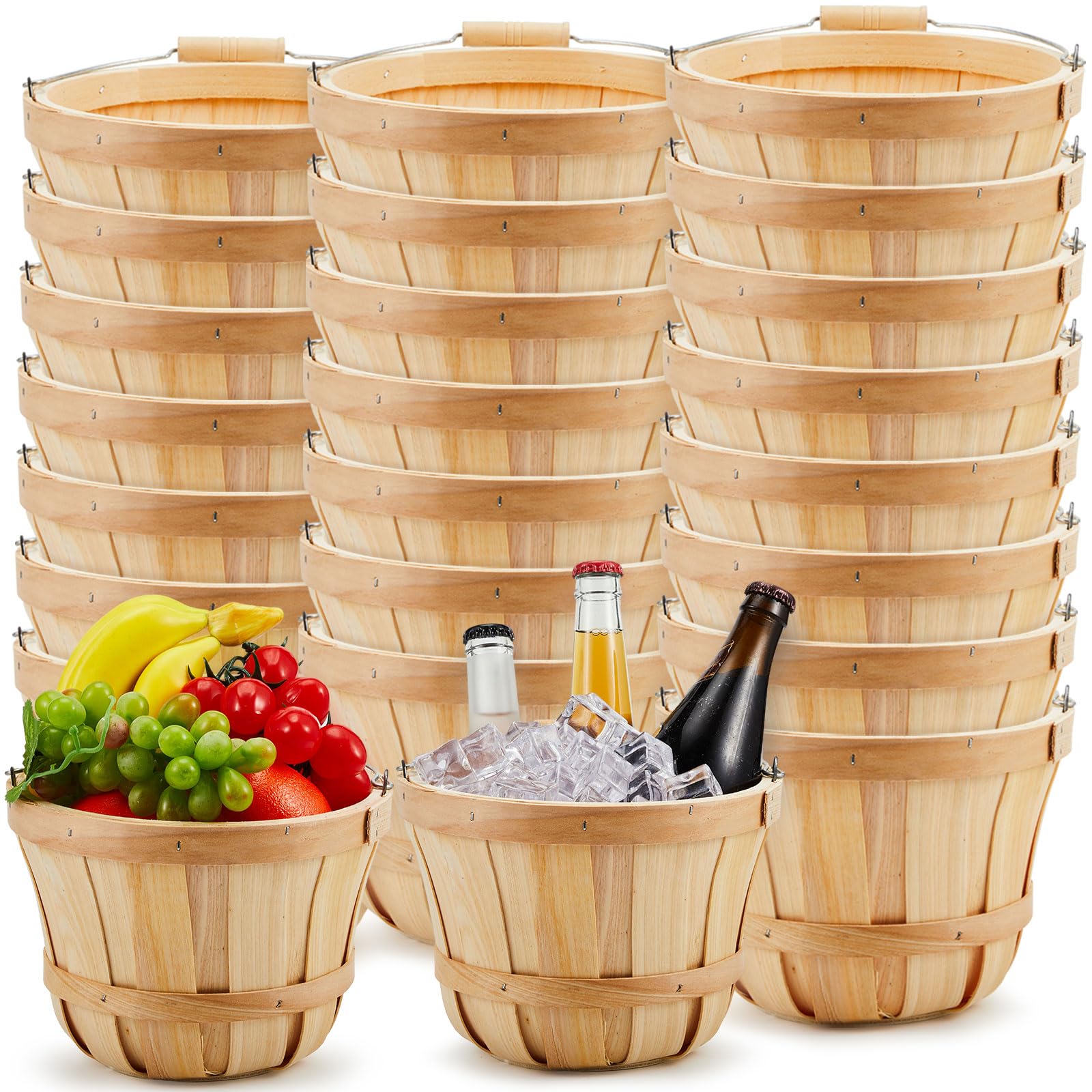 Marsui 24 Pcs Round Wooden Basket Strawberry Basket 7.48 x 5.91 Inch Natural Portable Bushel Basket with Handle for Farmer Vegetable Fruit Garden Storage Decoration, Wood Color