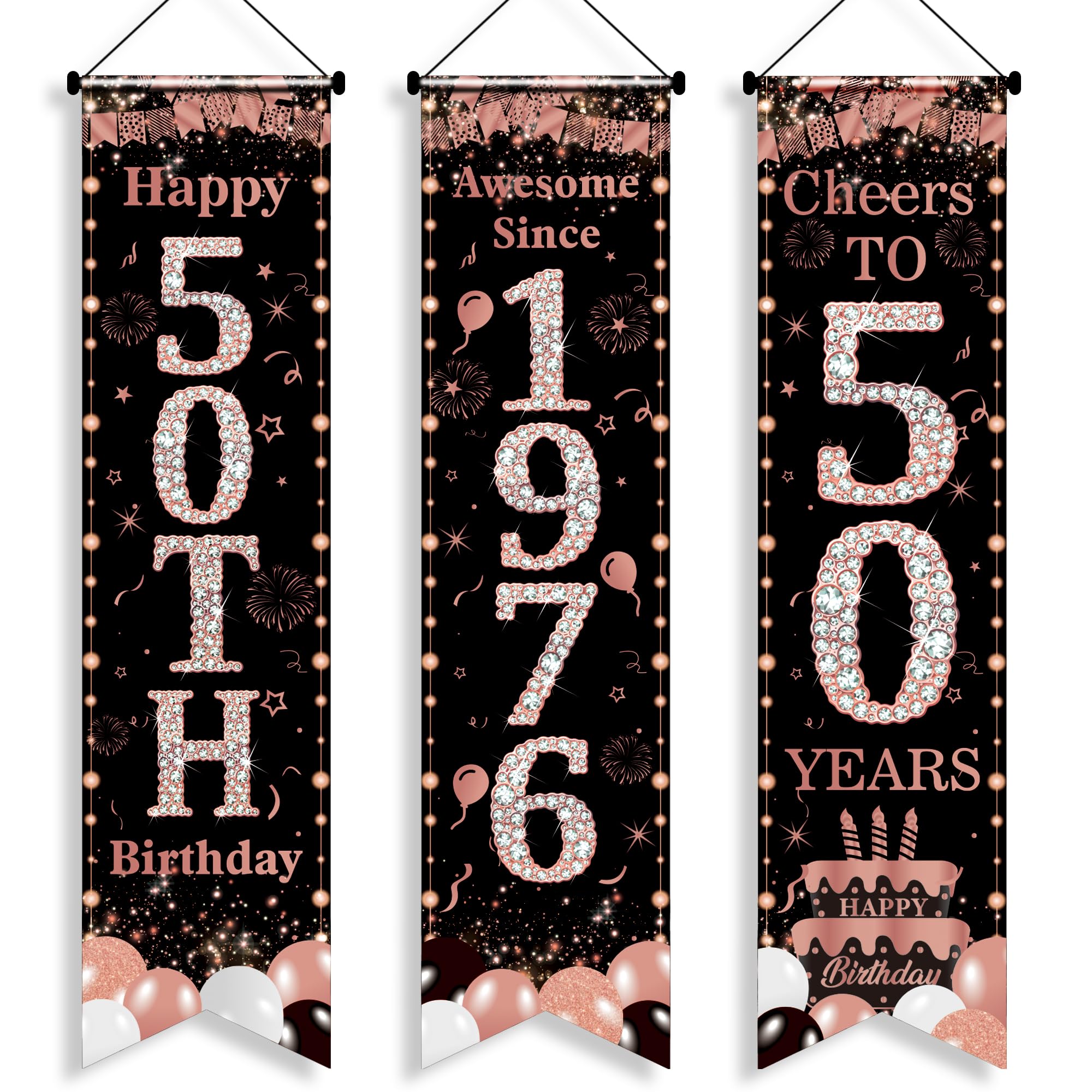 50th Birthday Decorations Door Banners - 3 Pcs Rose Gold Awesome Since 1976 Happy 50th Birthday Cheers to 50 Years 3.9x0.9ft Door Porch Sign for 50 Years Old Women Party Backdrop Decor Supplies