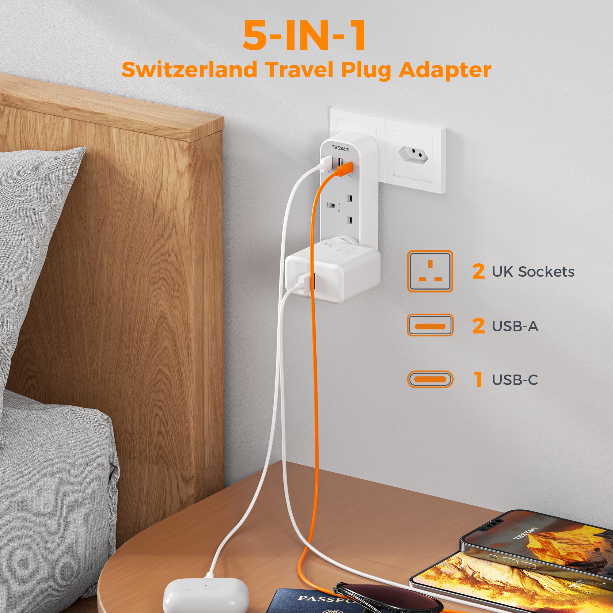 UK to Switzerland Plug Adapter, TESSAN Swiss Plug Adapter with 3 USB Ports (1 USB C), 2 Way Grounded Type J Travel Adaptor for Jordan, Liechtenstein, Madagascar, Rwanda — view 3