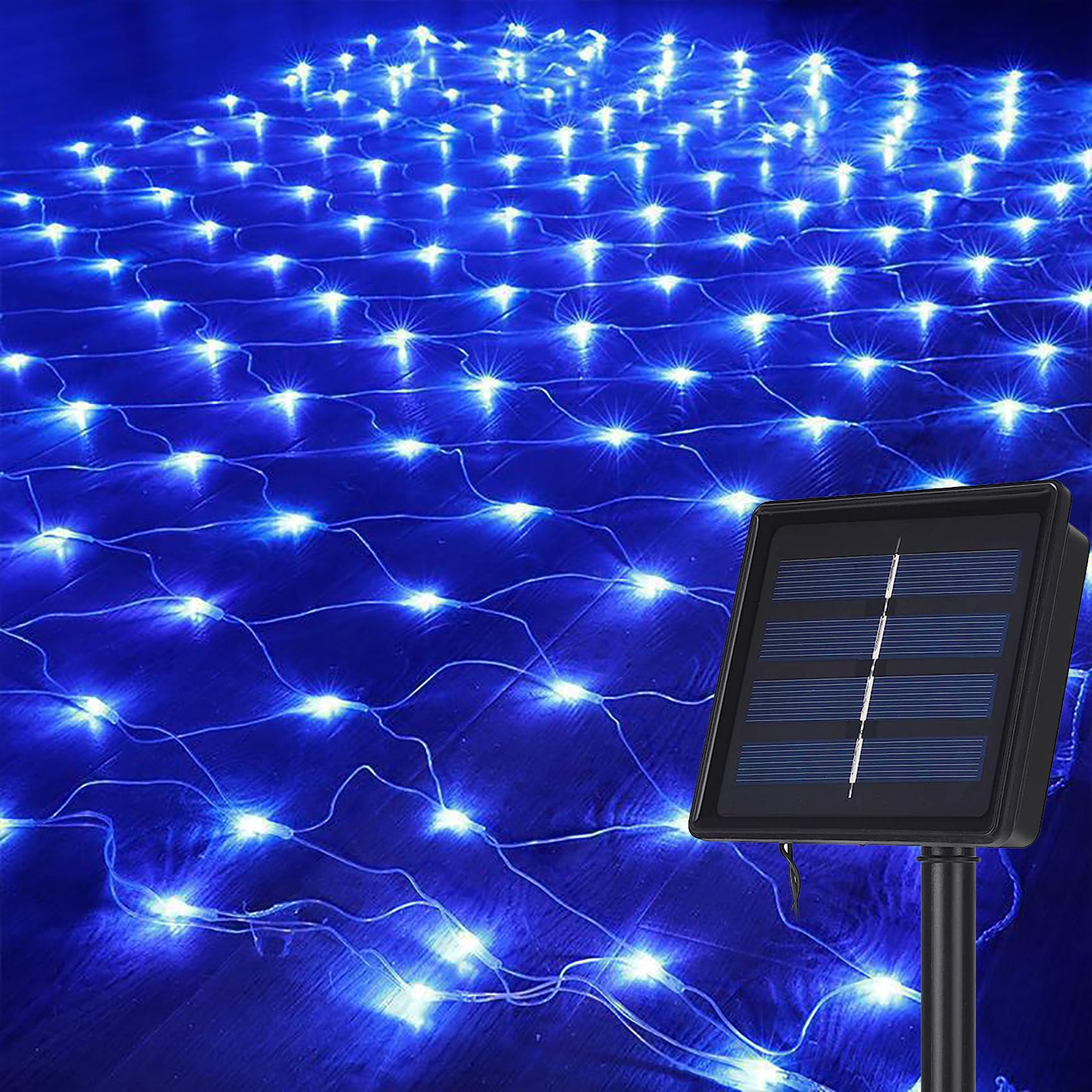 DINOWIN Solar Net Lights Outdoor Garden, 100LED 1.1M X 1.1M Waterproof 8 Modes Solar Mesh Fairy Icicle String Lights for Backyard Patio Gazebo Fence Lounge Party Decoration (Blue)