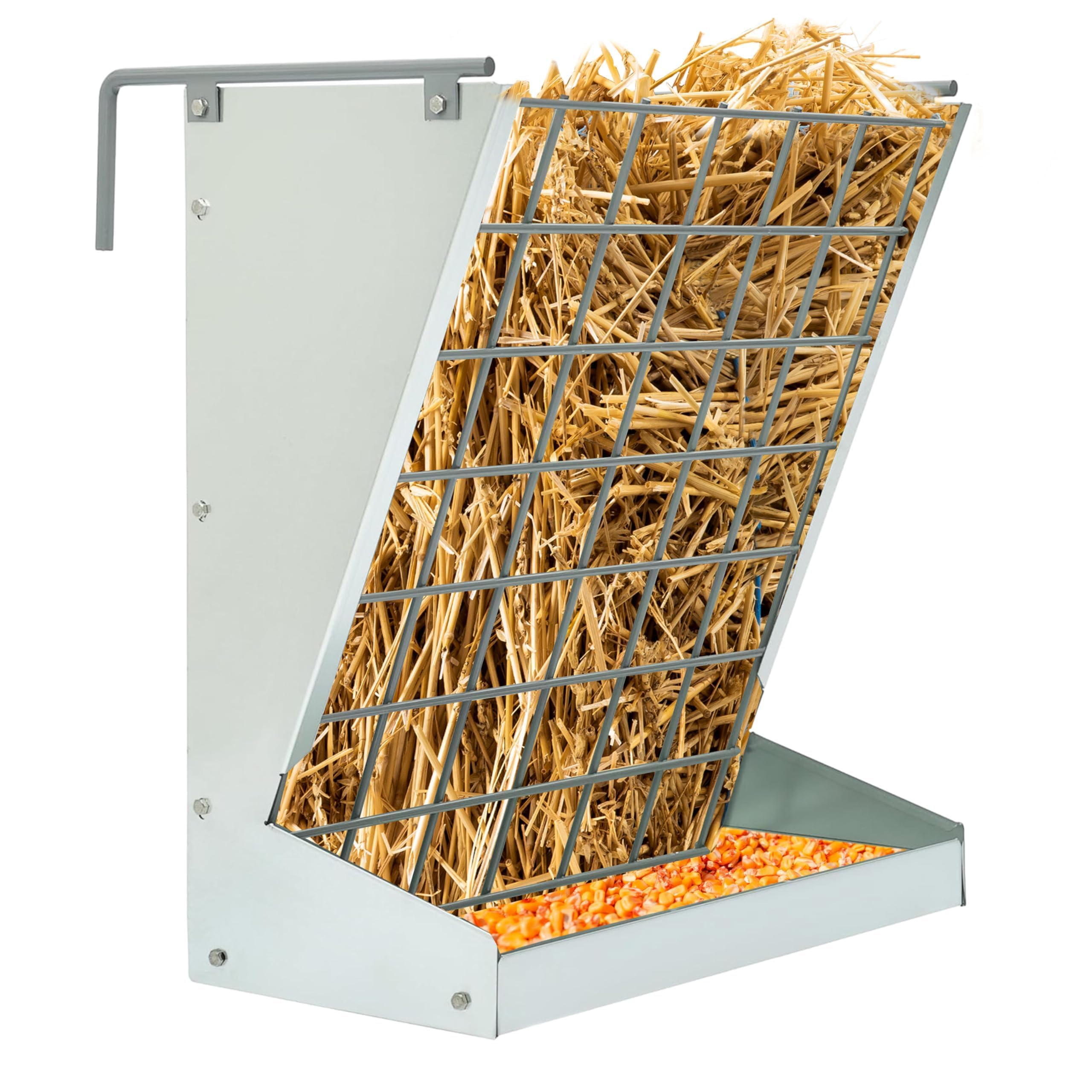 KUAFU Hay Feeder 2 in 1 Hay Rack Wall Mount Goat Feeders，Heavy Duty Galvanized Steel Hanging Feeders for Farm Livestock Small Goat & Sheep Grain Indoor Outdoor Uses