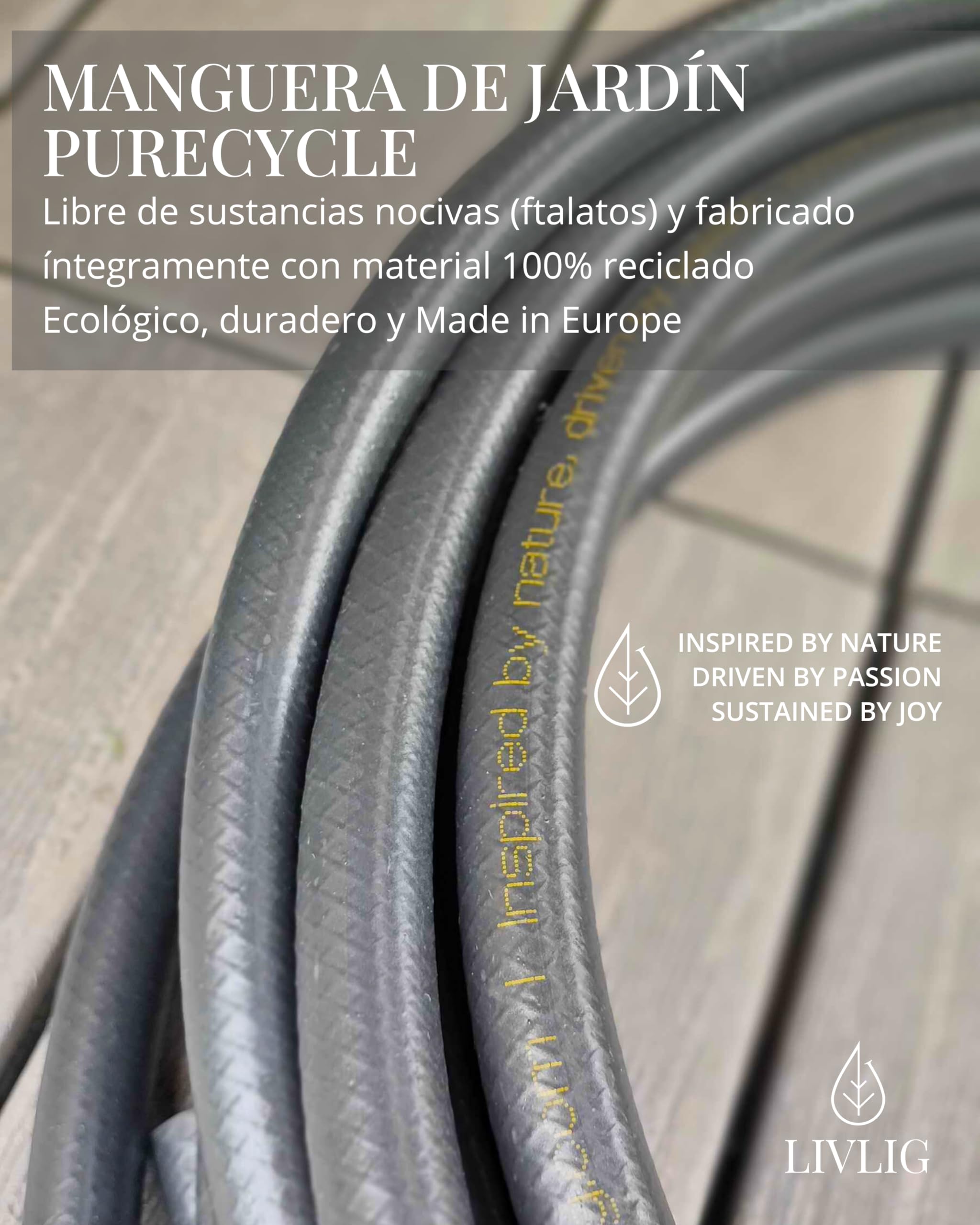 LIVLIG Manguera de jardín de 30 m en set, manguera de jardín negra fabricada con 85% de material reciclado, manguera de agua con aspersorio de jardín y conector de manguera de 1/2 pulgada, PureCycle