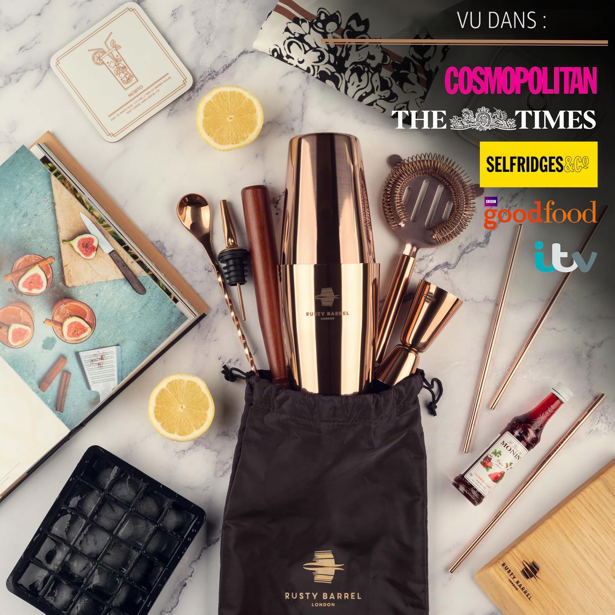 Kit Cocktail Belgravia avec Shaker Cocktail Couleur Cuivre en INOX de Style Boston | Cocktail Shaker Kit, Kit Barman, Cocktail Kit Complet | dans Une Boîte Cadeau Luxueuse
