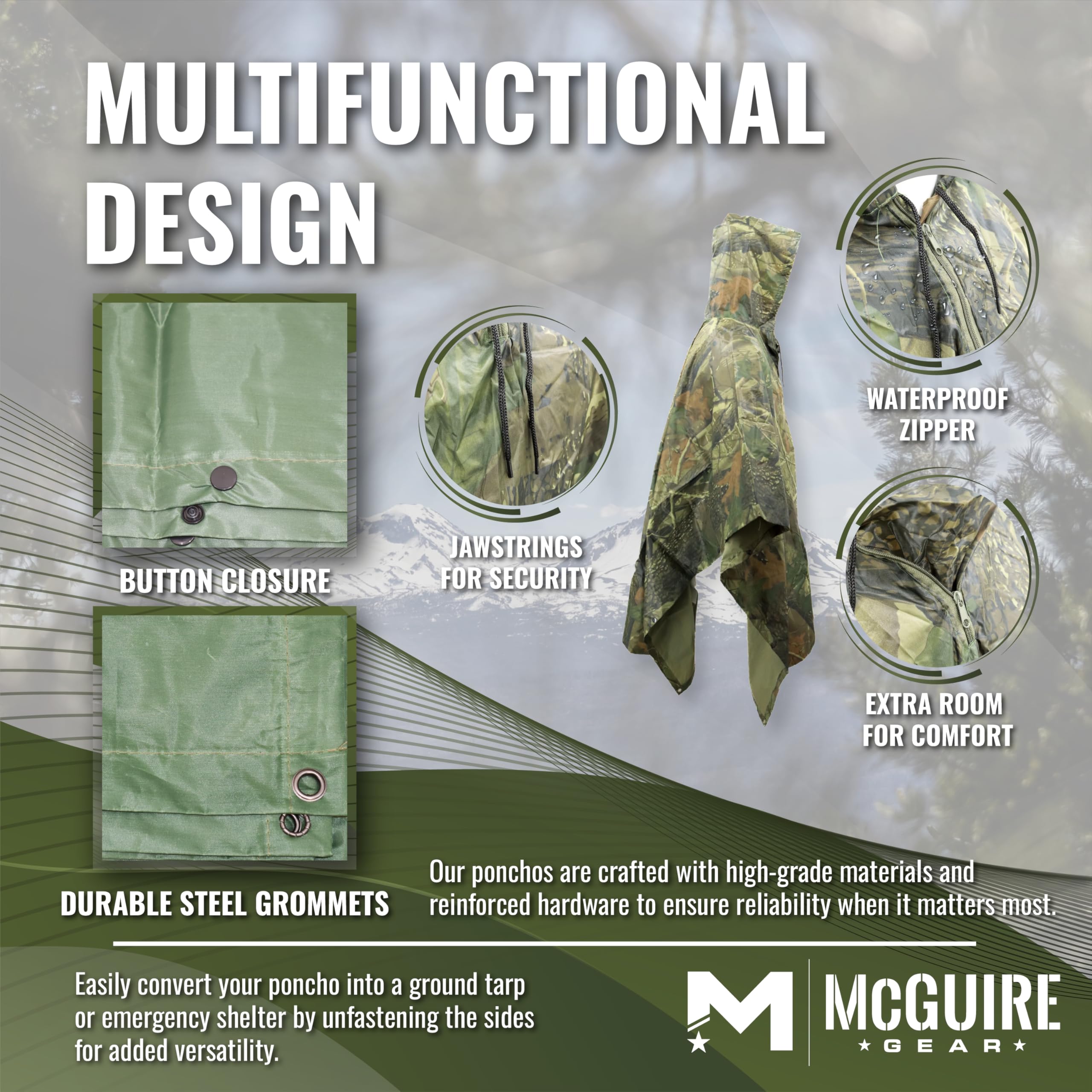 M MCGUIRE GEAR Poncho de lluvia militar con capucha, chaqueta de lluvia de emergencia para exteriores, poncho impermeable para adultos, senderismo, camping