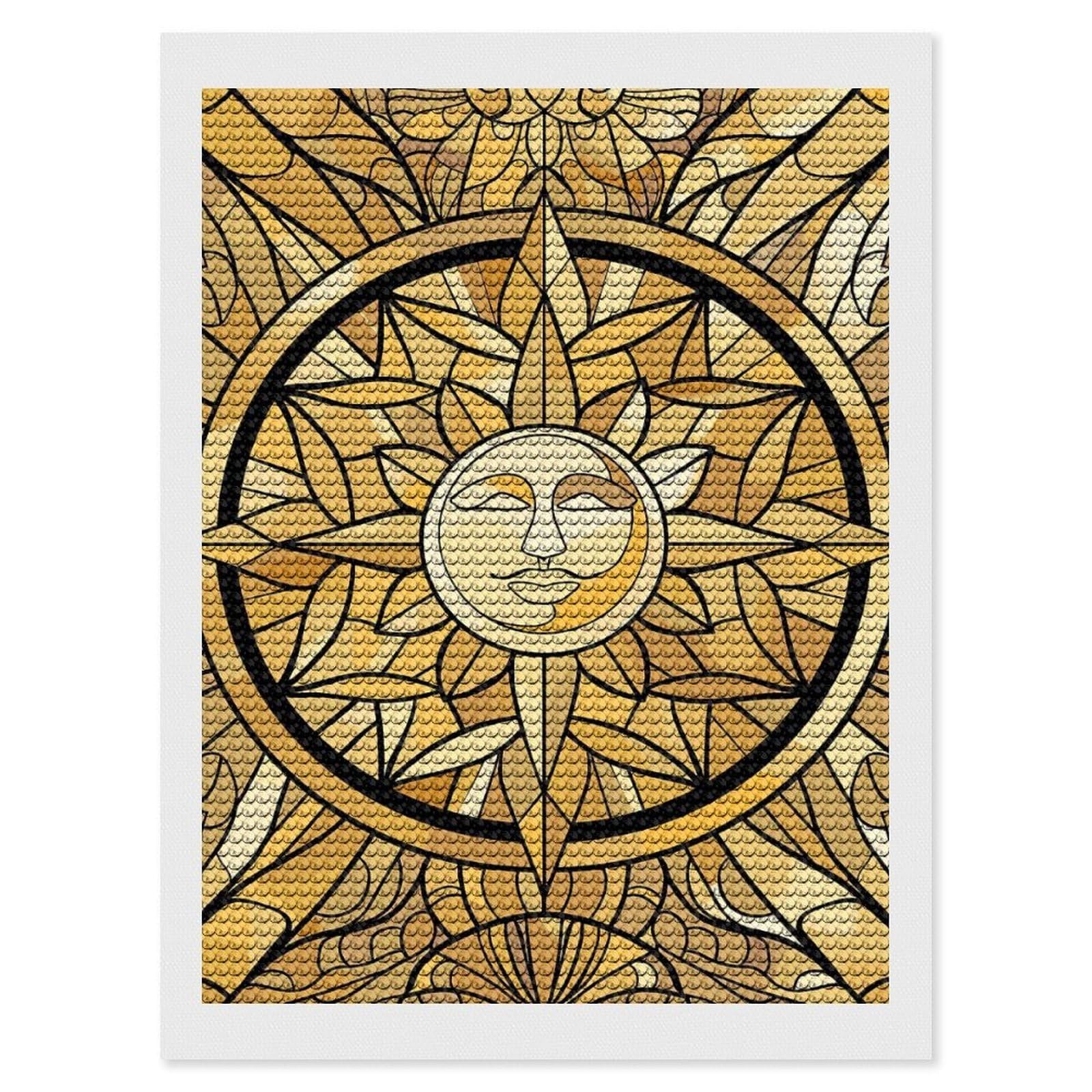 Junmoney Golden Sun Stained Glass Art Full Drill Diamond Painting Kit 12"x16", Mindful Craft Activity, Bedroom Decor, for Adults, Gift Idea