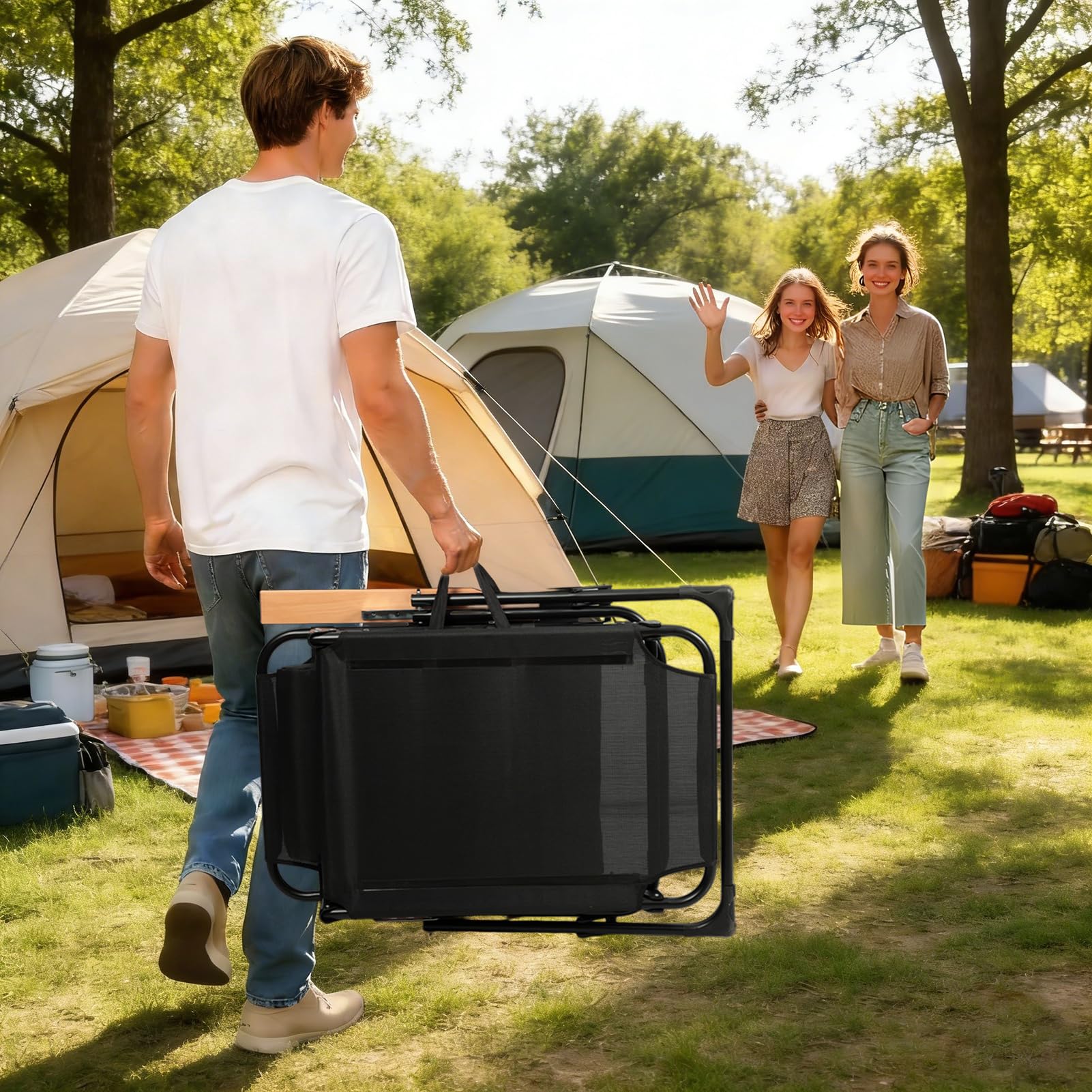 Sonnenliege Klappbar mit Kopfkissen, Gartenliege Wetterfest, Klappbare Strandliege Campingliege mit Holzarmlehnen, Liegestuhl für Balkon, Garten, Pool & Strand, bis 150kg (Grau)