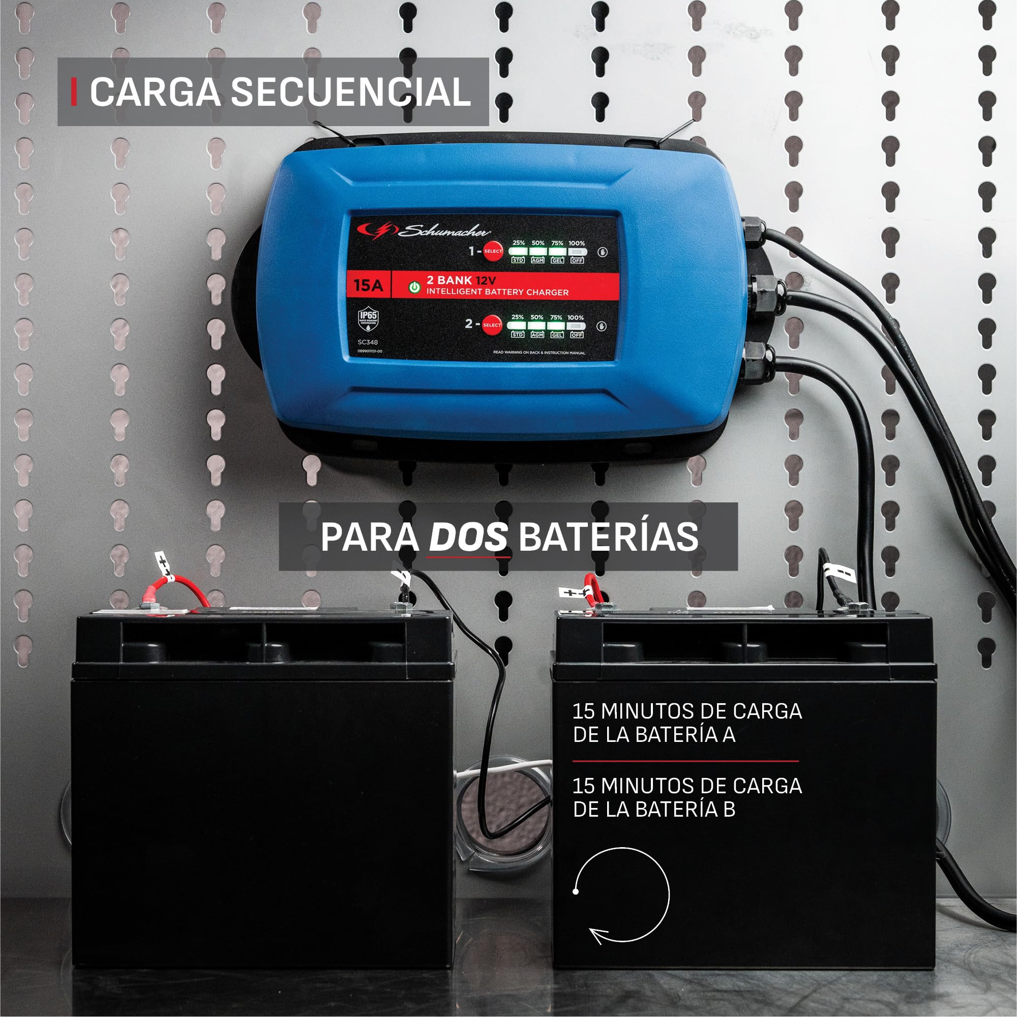 Schumacher Electric SC348-15A Cargador para 2 Baterías 12V Simultáneamente - Barco, Furgoneta, Caravana - Carga Inteligente - Pantalla Digital