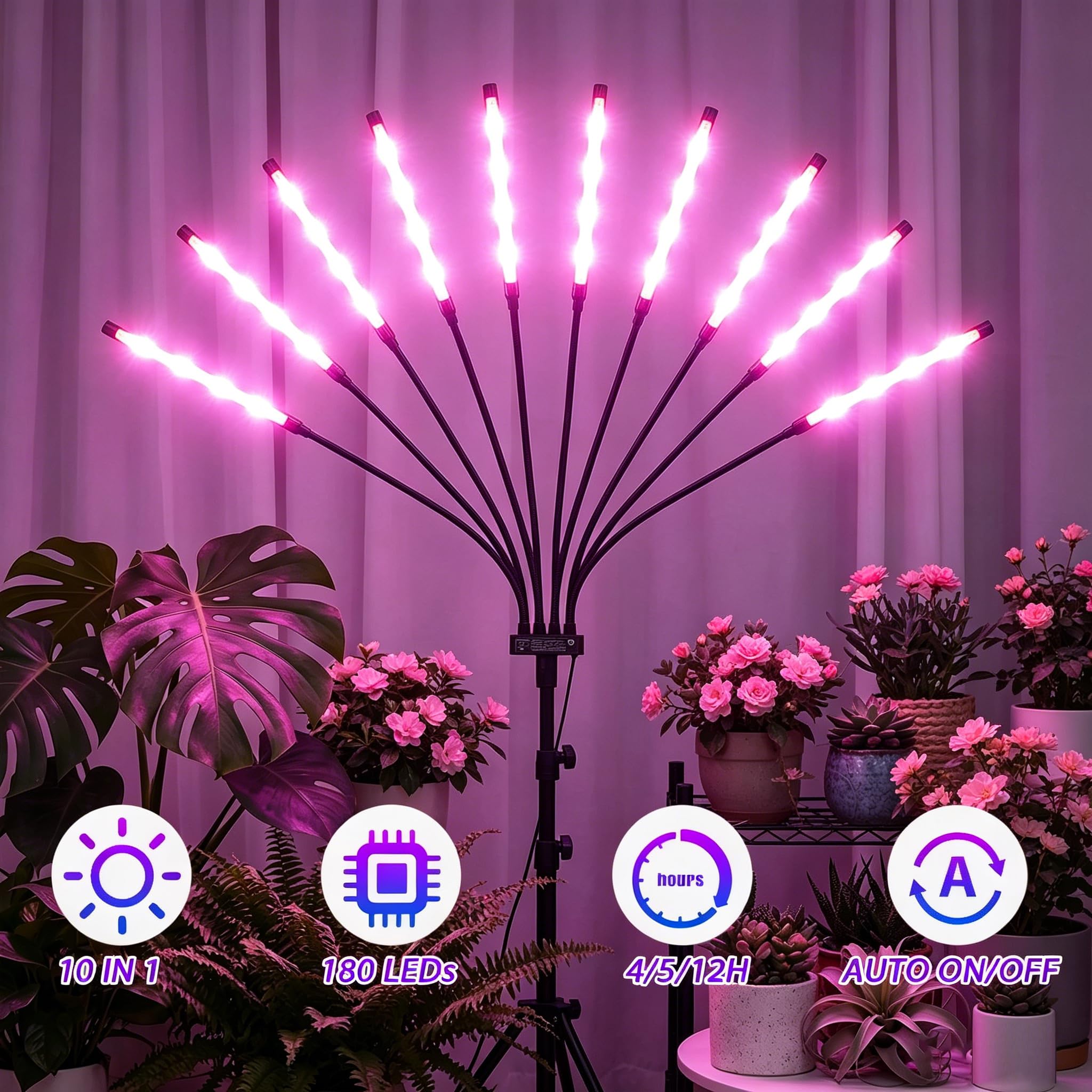LED Pflanzenlampe 10-in-1, Vollspektrum Grow Light mit Stativ, Zeitschaltuhr 4/8/12H (Auto Ein/Aus), Pflanzenleuchte für Zimmerpflanzen