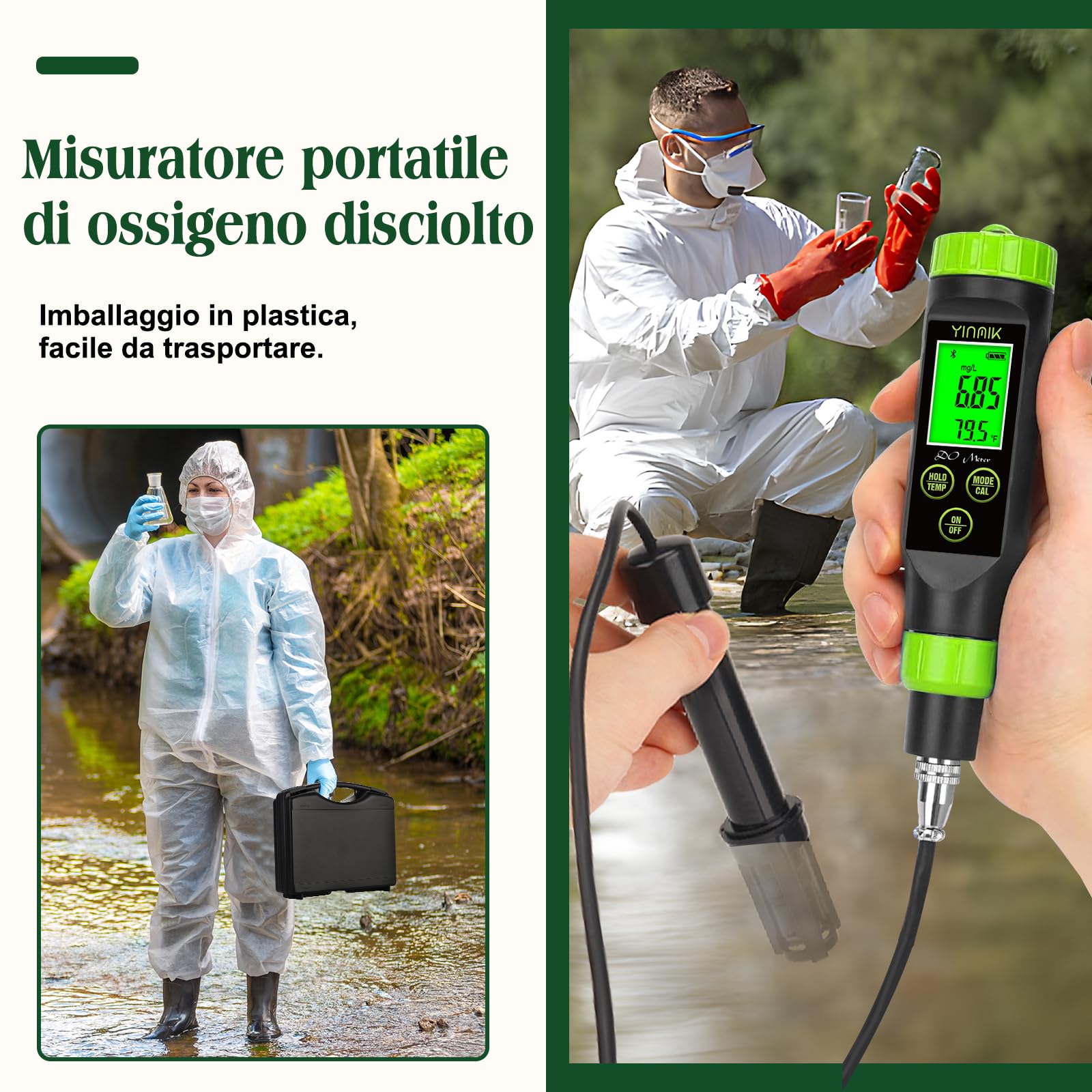 Misuratore di ossigeno disciolto YINMIK, misuratore di ossigeno portatile per laghetti, kit di test dell'ossigeno per acquaponica, tester di ossigeno digitale per acquari, vasche per pesci, idroponic