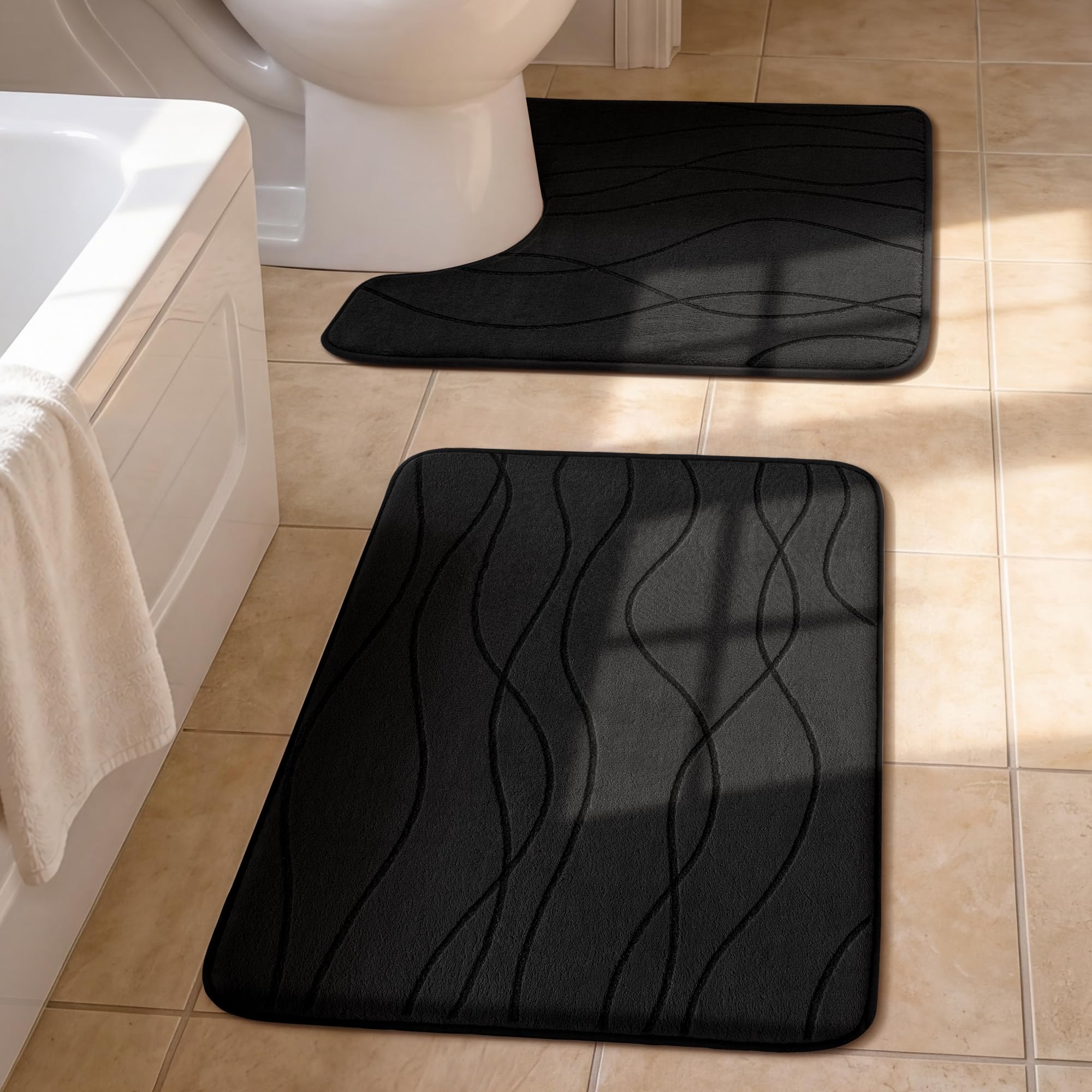 YIHOUSE Bathroom Rugs Set 2 Piece, Memory Foam Bath Mat Black