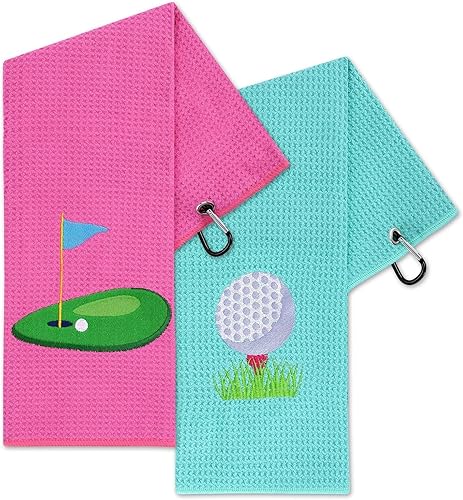 Vansolinne Regalos de golf para mujeres, toallas de golf para bolsas de golf con clips, accesorios de microfibra con patrón de gofre, rosa y azul