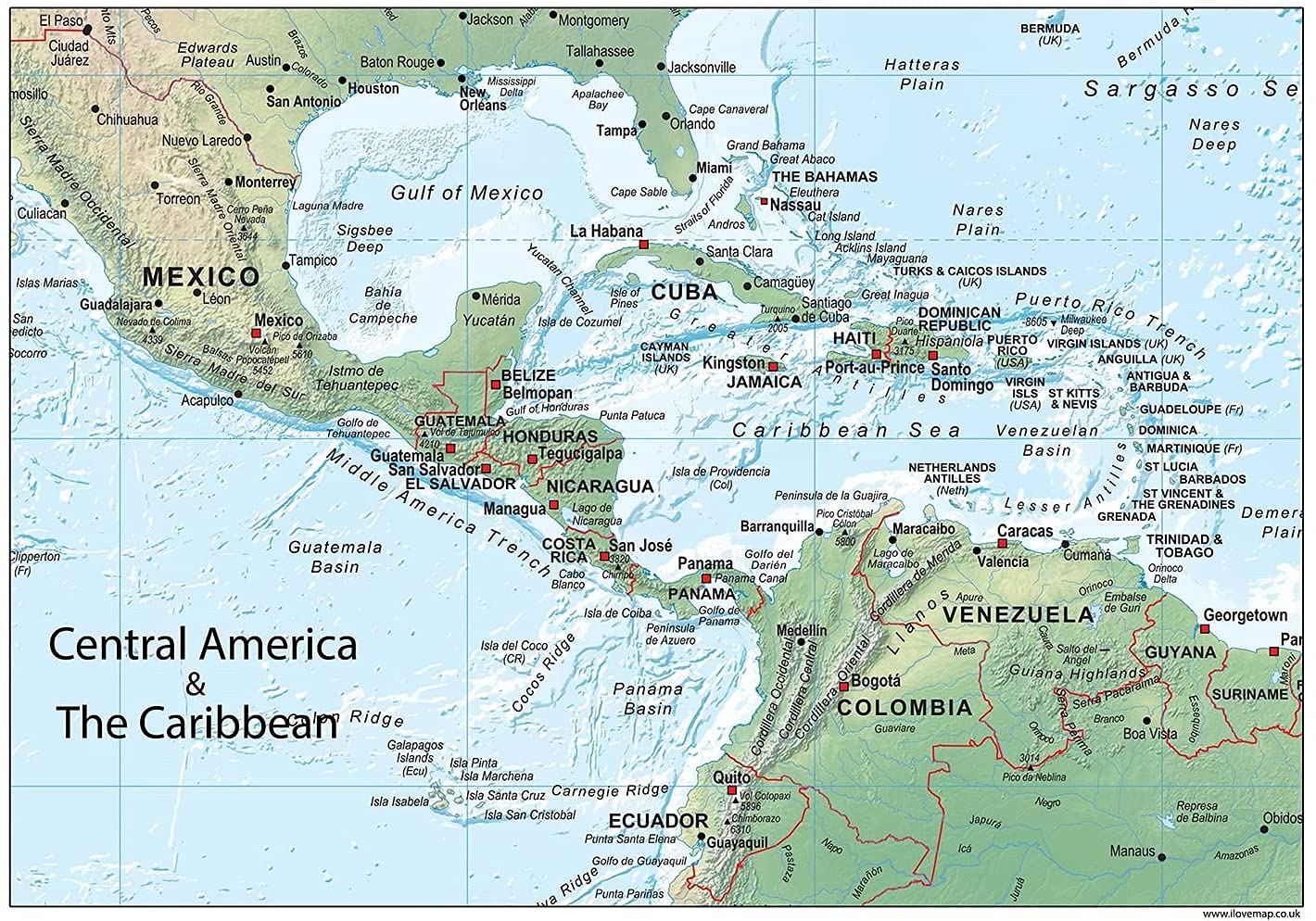 Central America and the Caribbean Physical Map – Paper Laminated - 100 x 70cm