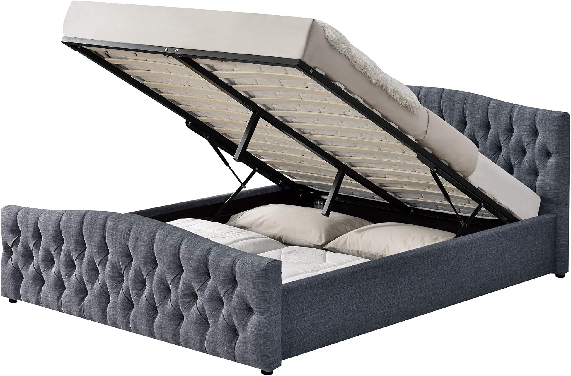 BlueFin International Dark Grey Chesterfield Design Double 4FT 6 Linen Fabric Bed with Ottoman Storage